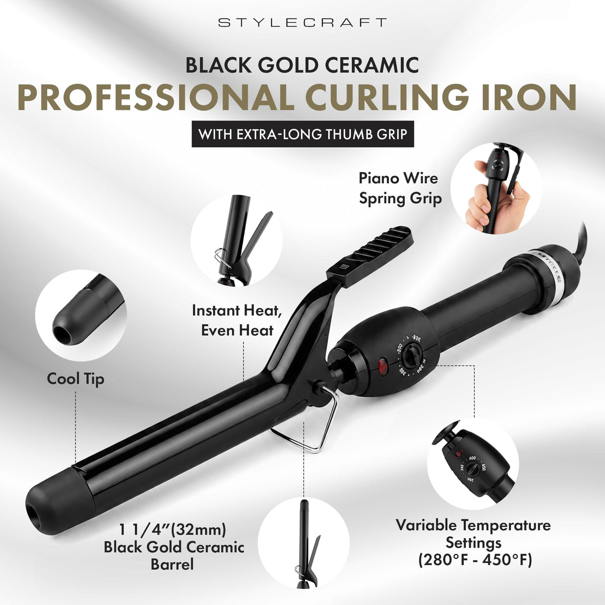 White Smoke Stay-Temp Black Gold Ceramic 1 1/4” Curling Iron for All Hair Types
