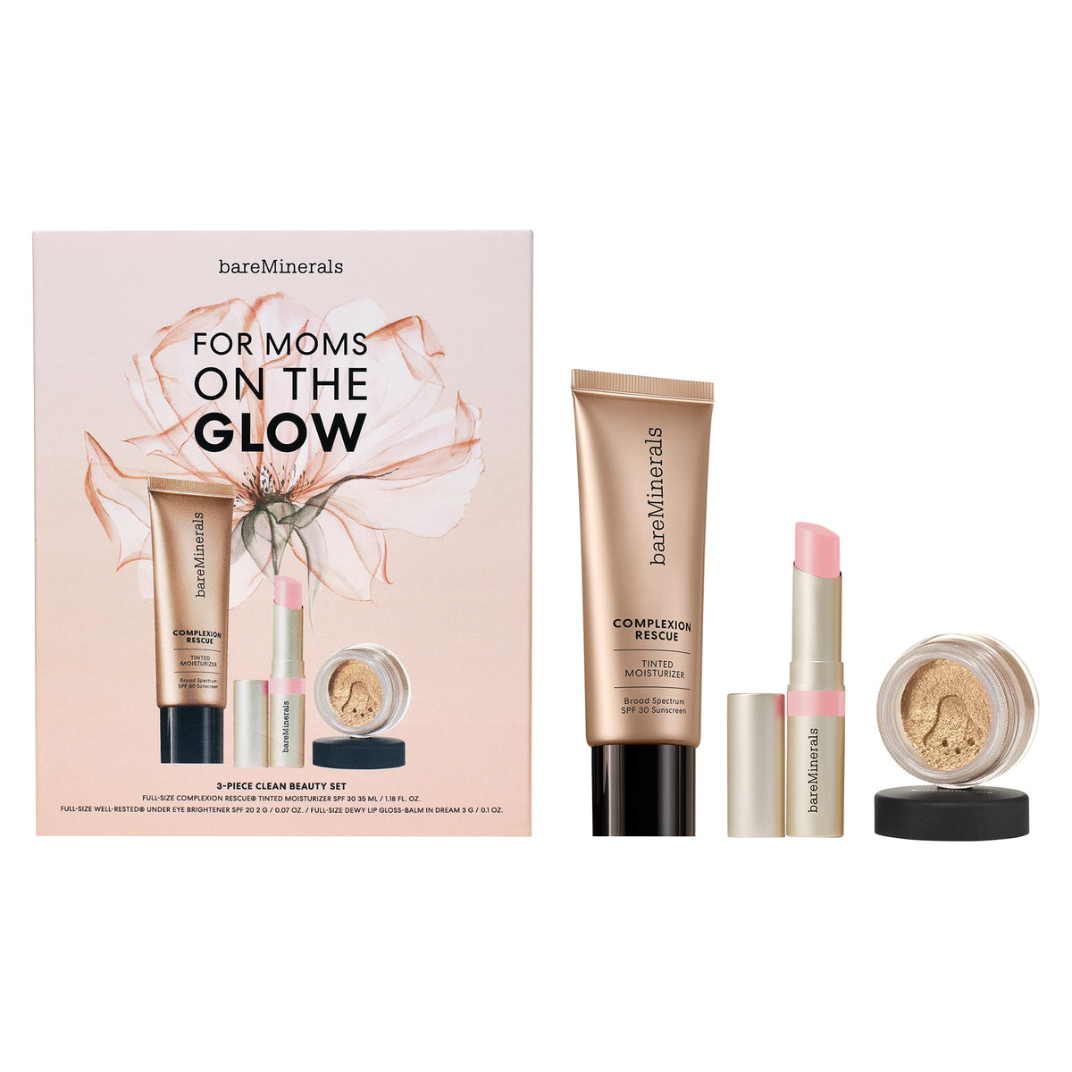 White Smoke bareMinerals 3-Piece Clean Beauty Gift Set, Includes 3 Full-Sizes, Tinted Moisturizer Mineral SPF 30 + Hyaluronic Acid, Under-Eye Brightener + Concealer, Dewy Lip Gloss-Balm Set, Makeup Trio, Vegan