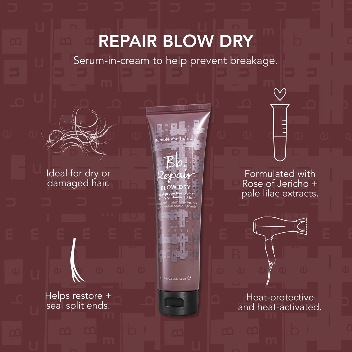 Saddle Brown Bumble and bumble. Repair Blow Dry Heat Protective Styling Cream | For Damaged Hair + Smoothing | Seals Split Ends and Prevents Breakage | For Medium to Thick Curly, Wavy, Straight Hair Types, 5 Fl Oz