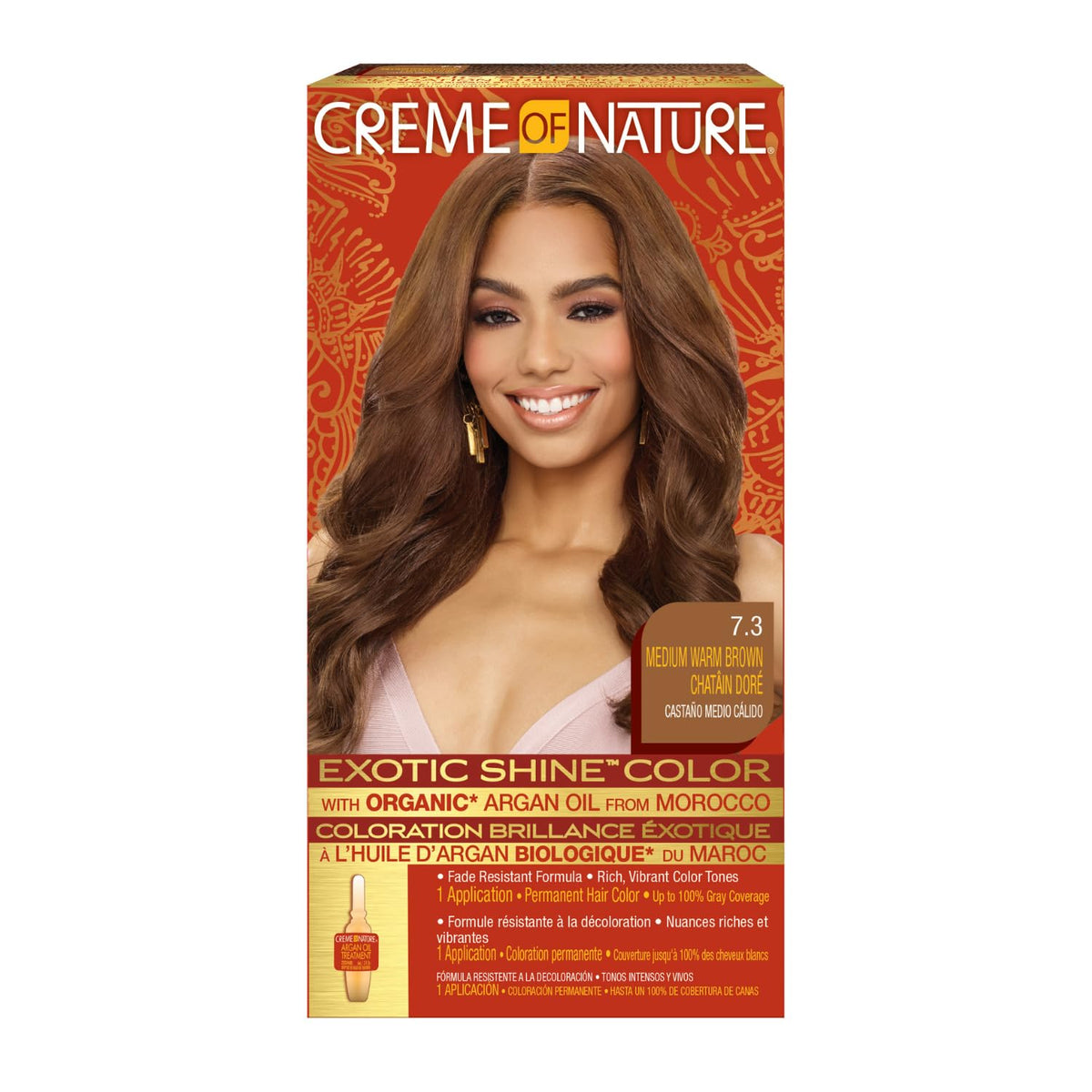 Chocolate Exotic Shine Hair Color by Creme of Nature, 7.3 Medium Warm Brown, with Argan Oil from Morocco, 1 Application