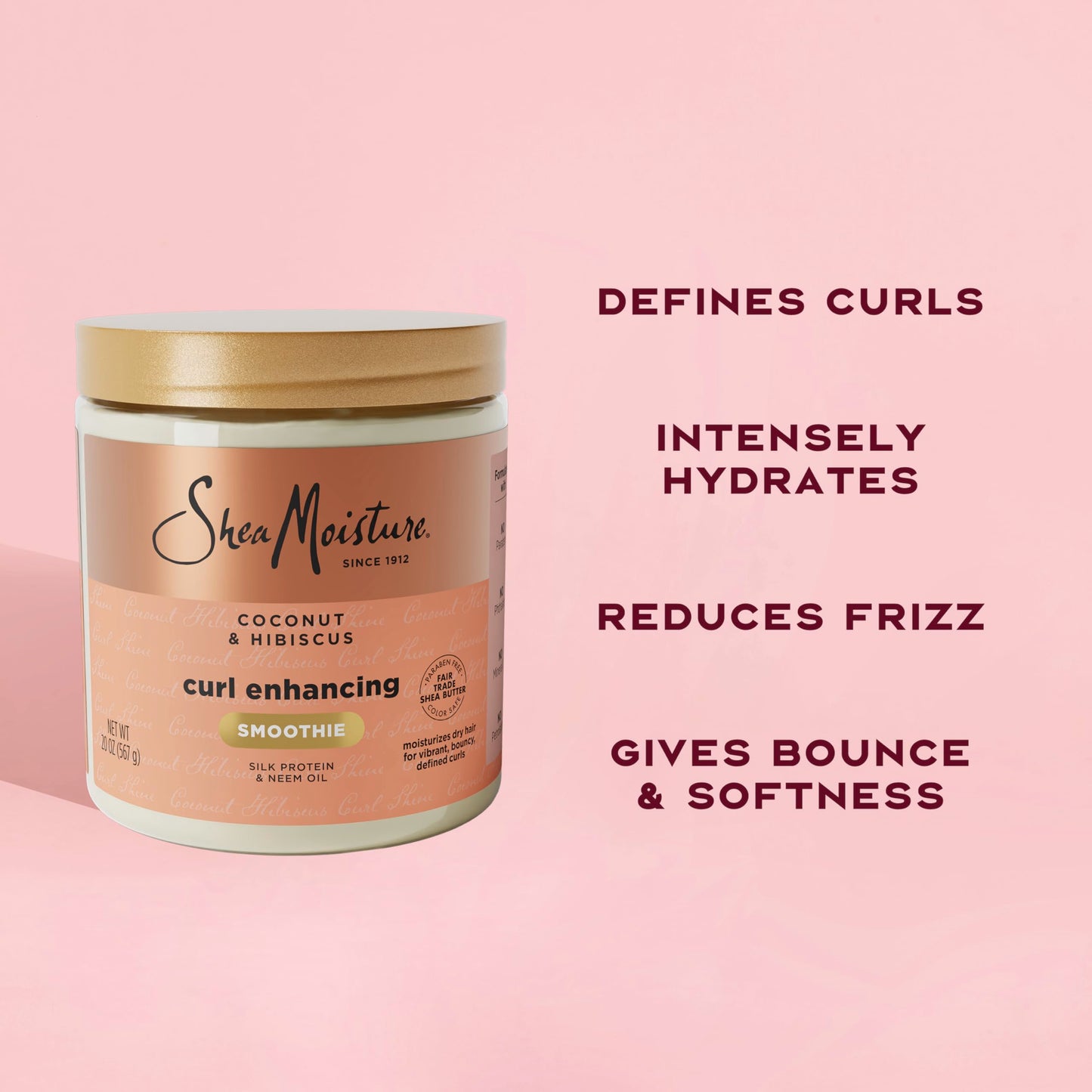 Pink SheaMoisture Curl Enhancing Smoothie Hair Cream Coconut and Hibiscus for Thick, Curly Hair Sulfate Free and Paraben Free Curl Cream 20 oz