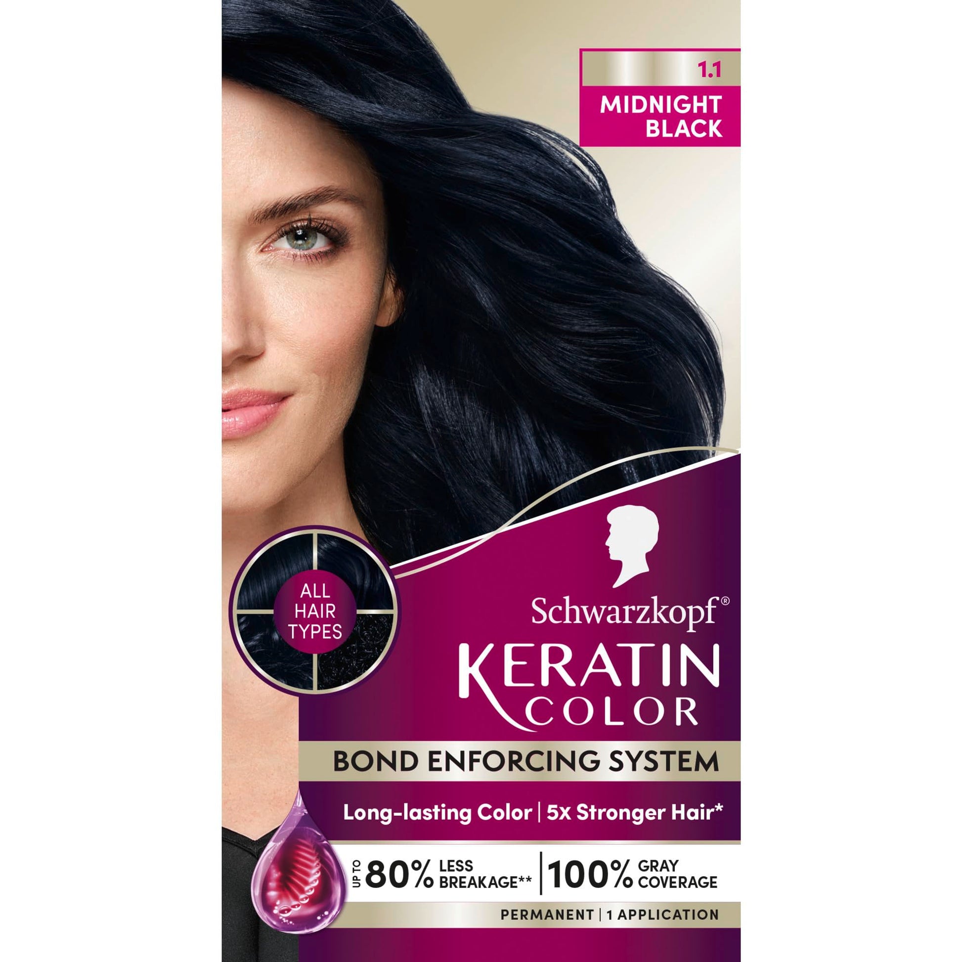 Black Schwarzkopf Keratin Permanent Hair Dye Cream, 1.1 Midnight Black, Professional Quality Color for Up to 100% Gray Coverage, Bond Enforcing System