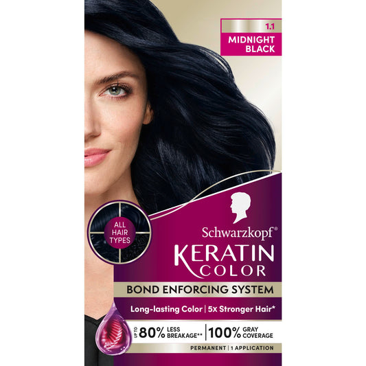 Black Schwarzkopf Keratin Permanent Hair Dye Cream, 1.1 Midnight Black, Professional Quality Color for Up to 100% Gray Coverage, Bond Enforcing System