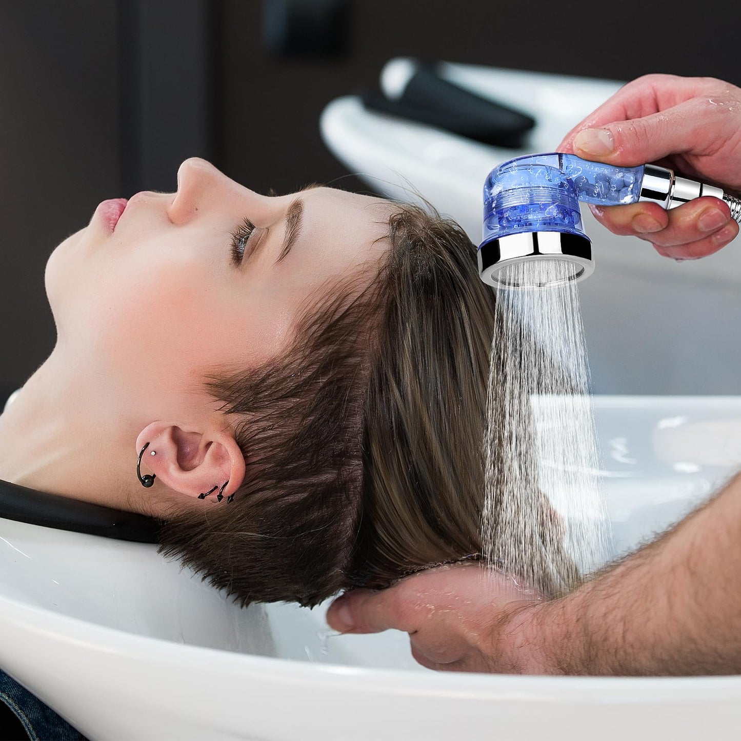 Light Gray LukLoy Blue Shampoo Bowl Sprayer Head with Filter, 1/4" Nut Shampoo Bowl Hose(Stainless Steel Material) for Portable Salon Sink, 3 Sprayer Modes & High Pressure