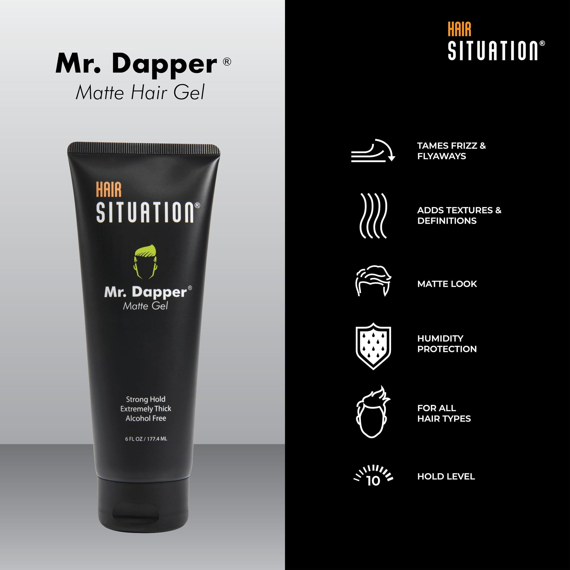 Black Hair Situation Mr. Dapper Matte Look Strong Hold Styling Hair Gel for Men, Anti-Humidity Shield, Anti-Frizz and Fly Away, Alcohol-Free, No Flake Formula Made with Vitamins to Strengthen Hair, 6 Fl Oz