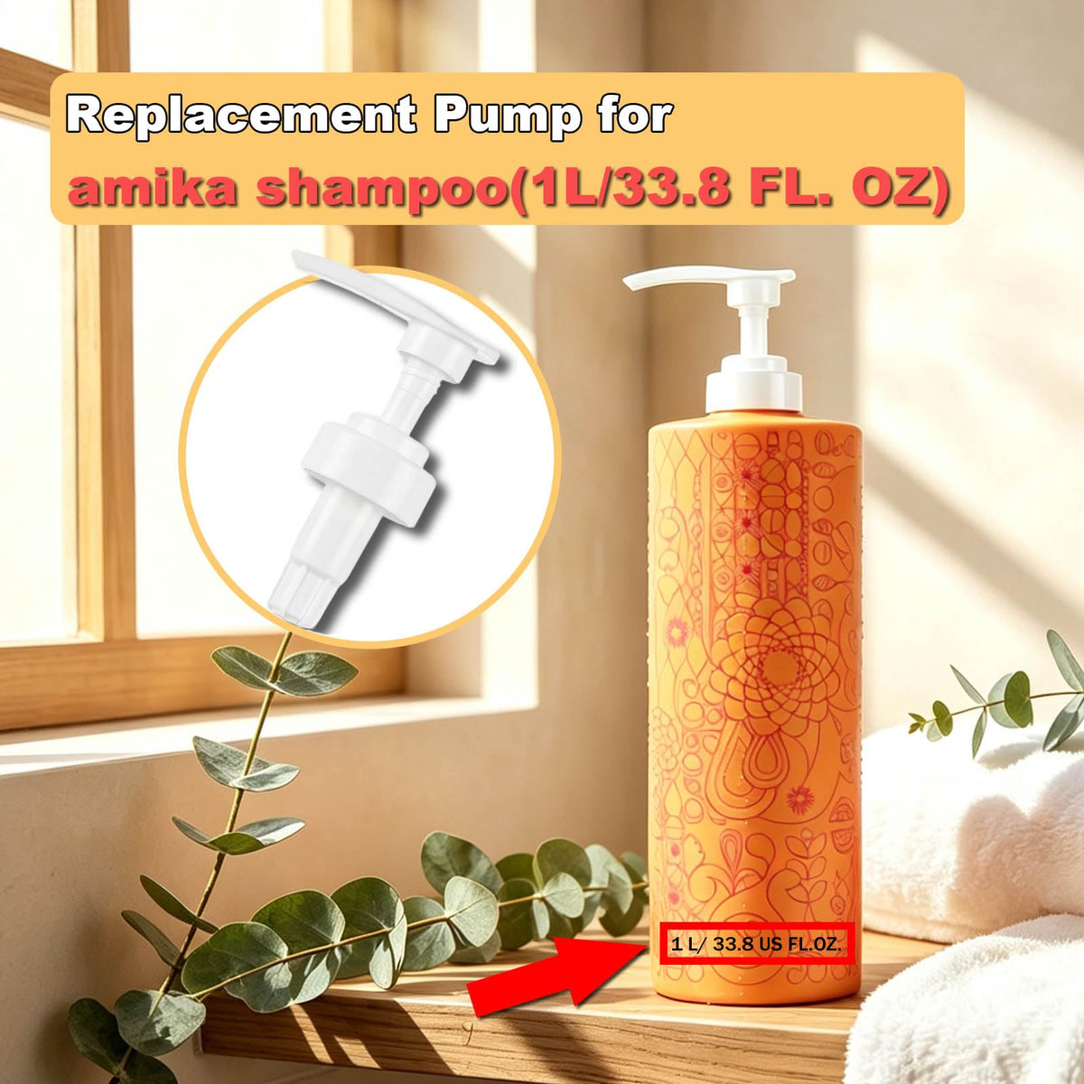Seashell Shampoo and Conditioner Pump Compatible with amika 1L/33.8 Fl Oz Bottles, Dispensing Liter Pump for amika Shampoo and Conditioner, White