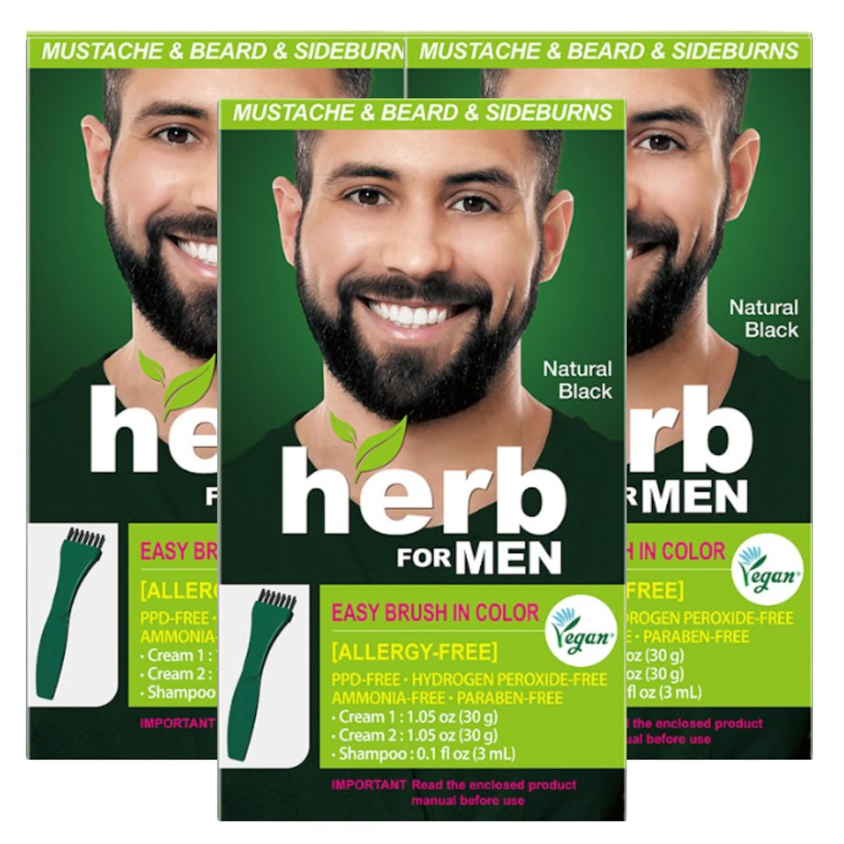 White Smoke Herb for Men Mustache & Beard Dye (Natural Black, 3 Pack)