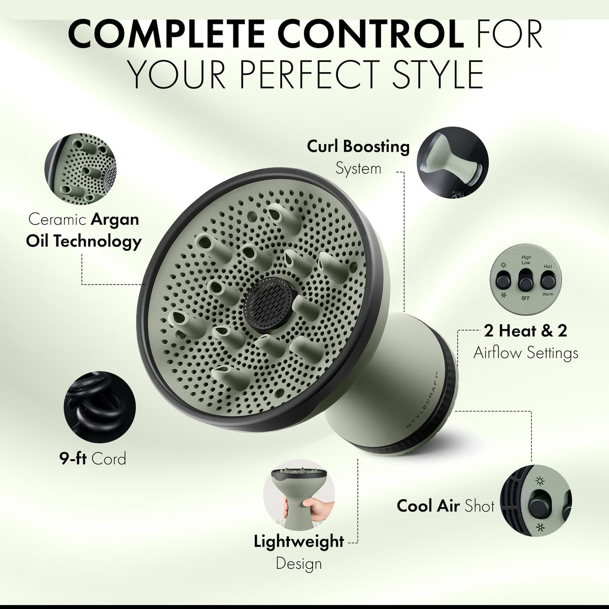 White Smoke Stylecraft Sage 2-in-1 Diffuser Hair Dryer for Curly Hair & Defined Styling