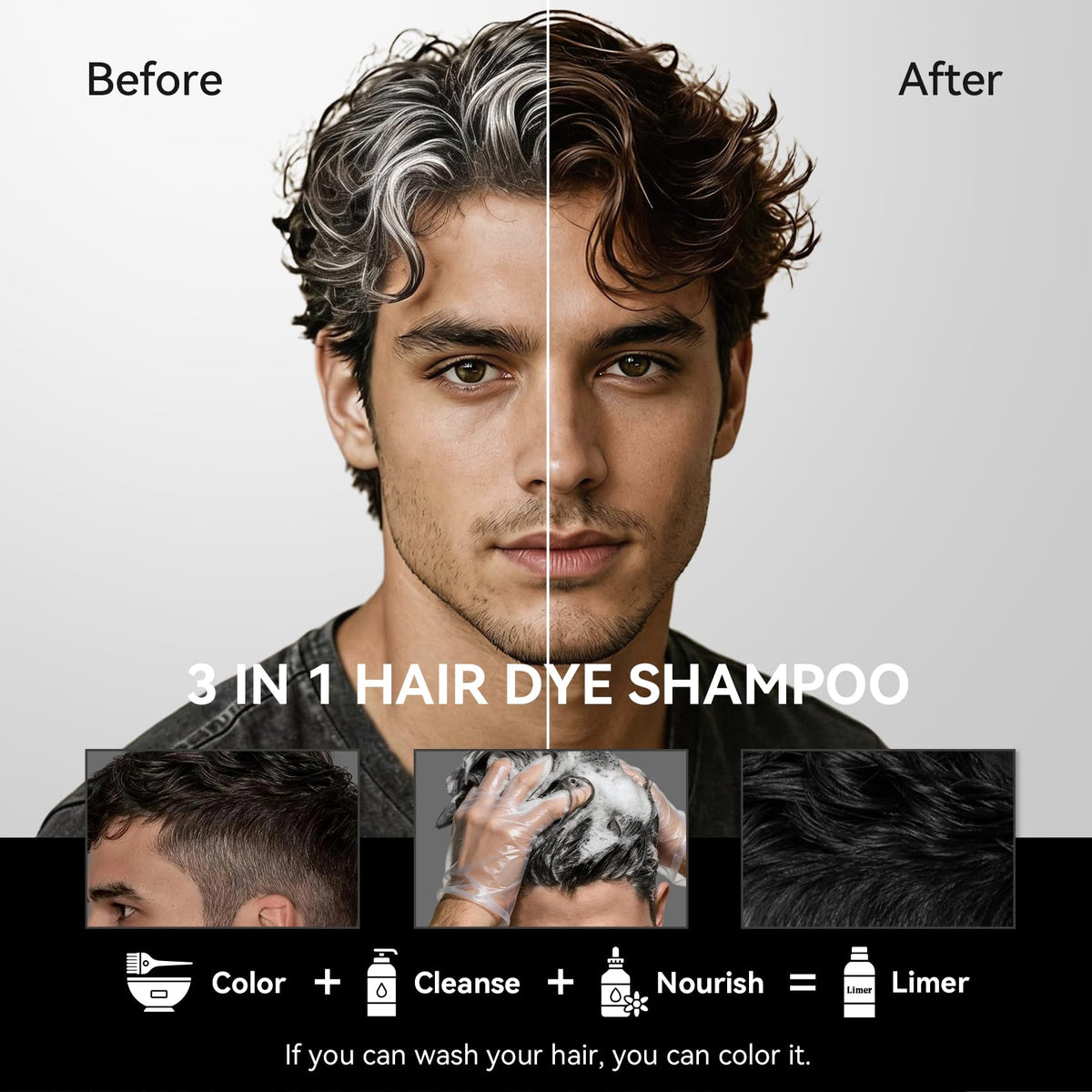 Black Limer Medium Brown Hair Dye Shampoo, 3 in 1 Color Shampoo for Women & Men