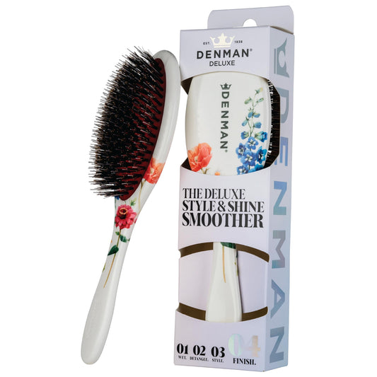 White Smoke Denman Boar Bristle Hair Brush – Smoothing & Shine Enhancing for Slick Back Styles, Curl Defining & Detangling. D81M Floral Fantasy Hairbrush with Natural Bristles for all Hair Types for Women & Men