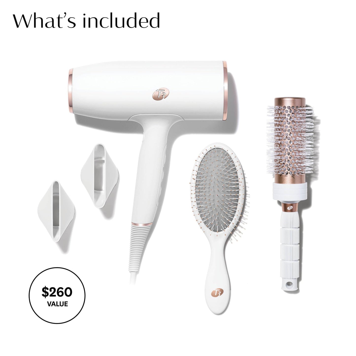 White Smoke T3 AireLuxe Professional Ionic Hair Dryer and Brush Set, with 5 Heat and 3 Speed Settings, Ion Generator, Cool Shot, Includes Paddle Brush and 2.5" Round Brush