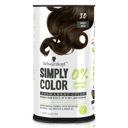 Lavender Schwarzkopf Simply Color Permanent Hair Dye, 3.0 Darkest Brown, Long-Lasting with Nourishing Ingredients, No Ammonia or Silicone, All Hair Types