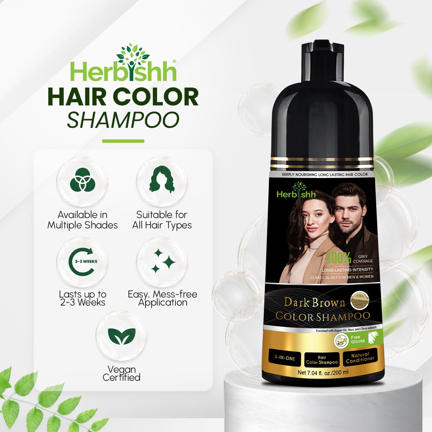 White Smoke Herbishh Dark Brown Shampoo, Hair Dye Shampoo 3 in 1, 100% Grey Coverage, Hair Color for Men & Women, Long-lasting Color in 20-25 Mins, Ammonia-free, 200 ml