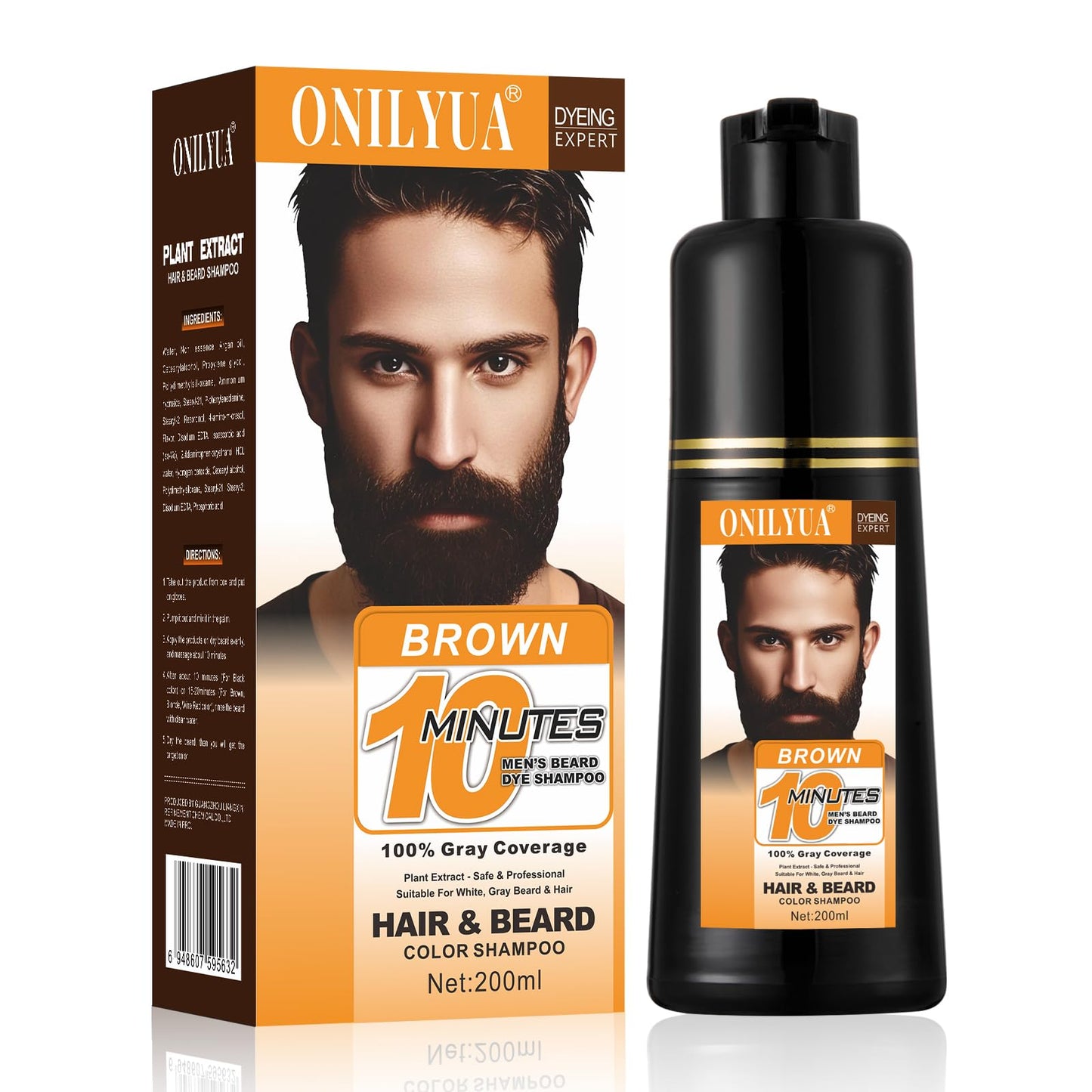 White Smoke Men's Beard Dye, Brown Beard Dye Shampoo for Gray Hair Coverage, Root Touch Up, 3 in 1 Simpler Hair Color for Men, Long Lasting Hair Dye Shampoo for Beard & Mustache, 200 ml