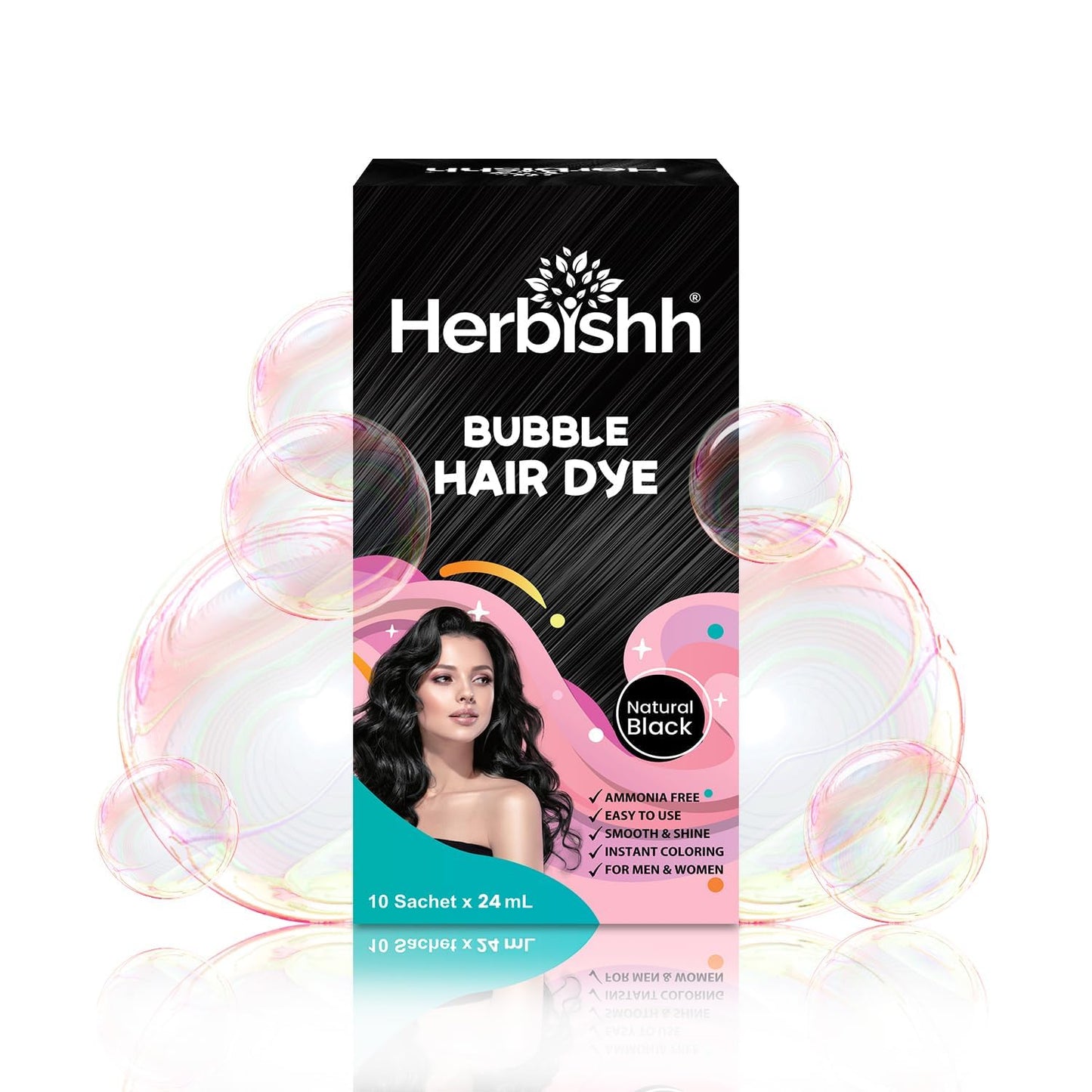 White Smoke Herbishh Bubble Foam Hair Dye Shampoo, 3 in 1 Dye for 100% Grey Coverage, Permanent & Instant Hair Coloring for Men & Women, Long-lasting & Travel-friendly, Ammonia-free, 10 Sachet x 24 ml (Black)