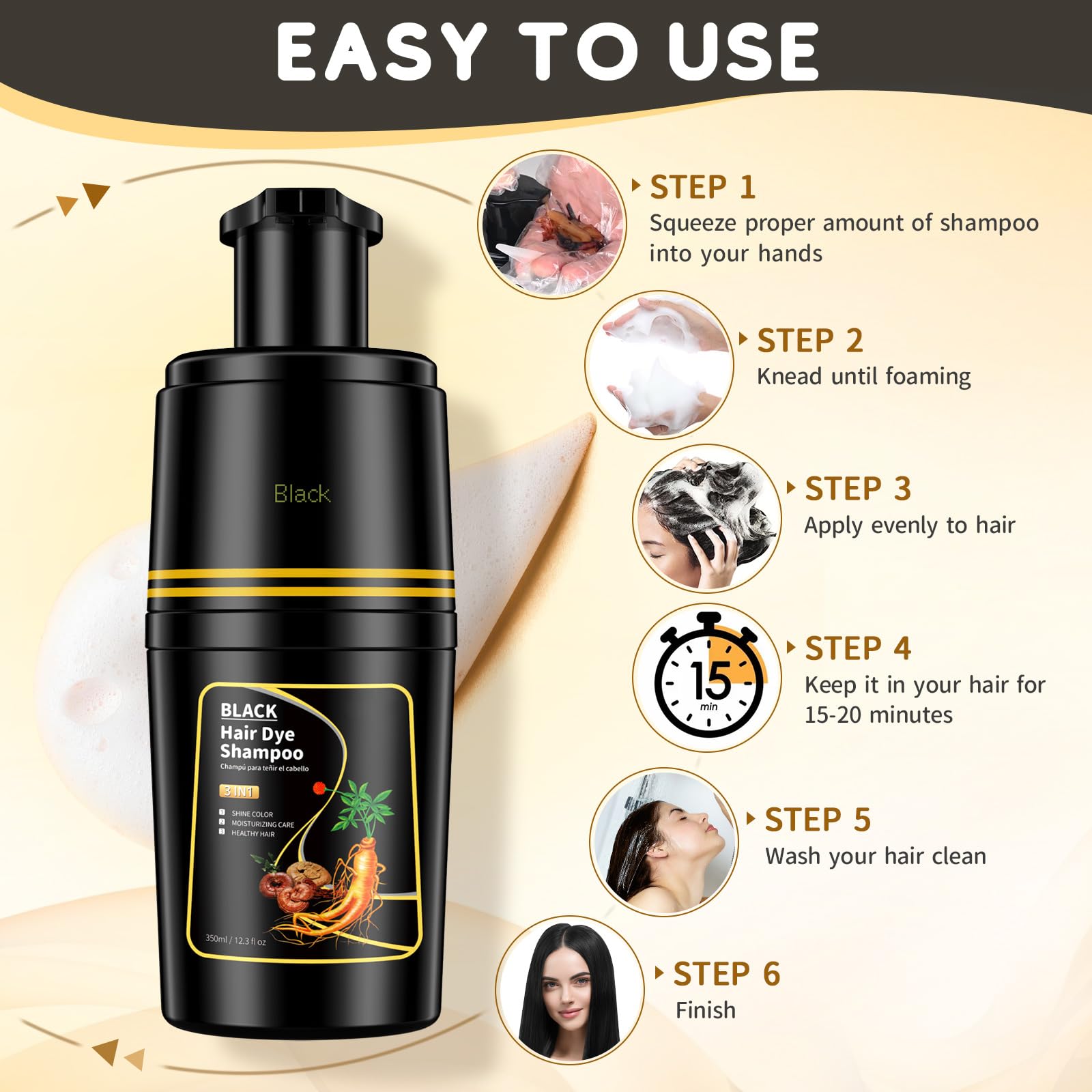 Seashell IIIMEIDU Black Hair dye Shampoo 3 in 1, Natural Hair Color Shampoo for Gray Hair, Tinte Para el Cabello for Women and Men 100% Grey Coverage, 350ml