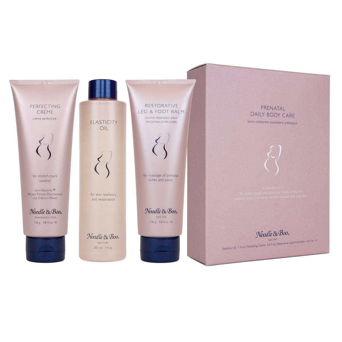 Gray Noodle & Boo Prenatal Essential Daily Body Care Kit - Perfecting Crème, Elasticity Oil, Restorative Leg & Foot Balm, Trimester 1-3, 16.6 fl. oz.