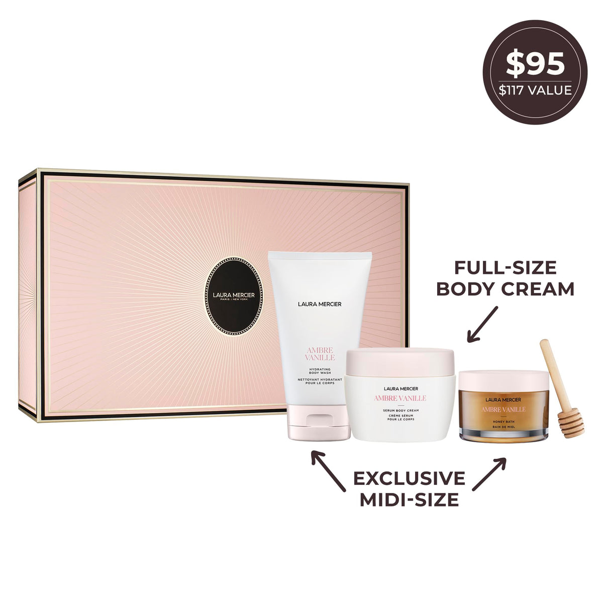 White Smoke Laura Mercier Delicious & Decadent Ambre Vanille Collection, Serum Body Cream with 48HR Hydration, Hydrating Body Wash to Soften and Smooth Skin, Honey Bath Gel, Foaming Bubble Bath, Holiday Gift Set