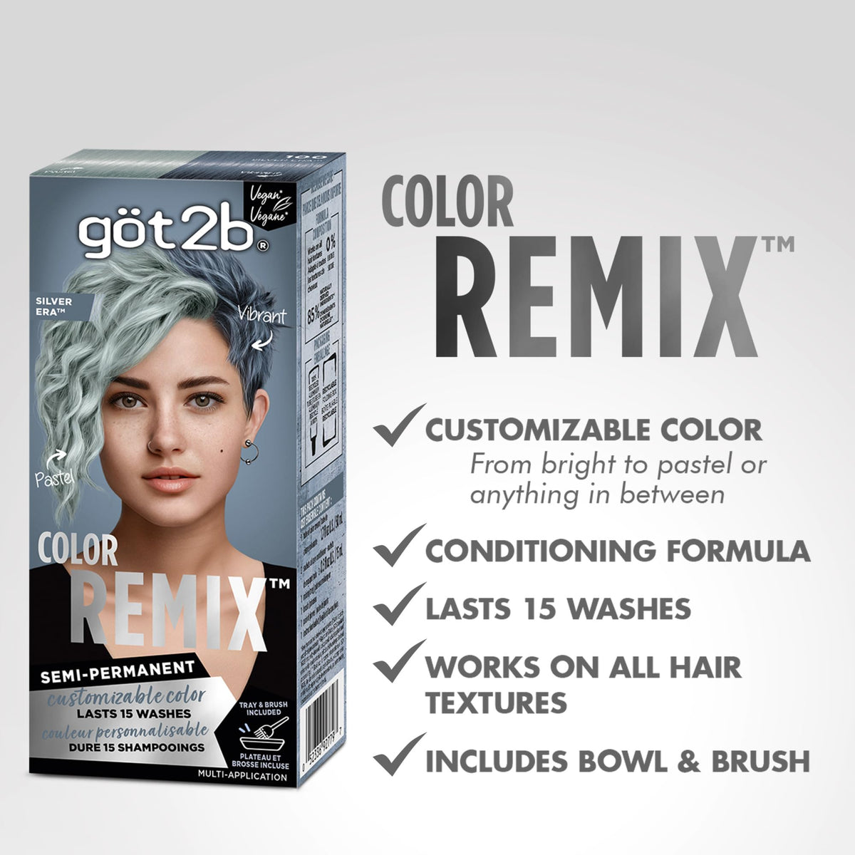White Smoke got2b Color Remix Customizable Semi-Permanent Hair Color,100 Silver Era