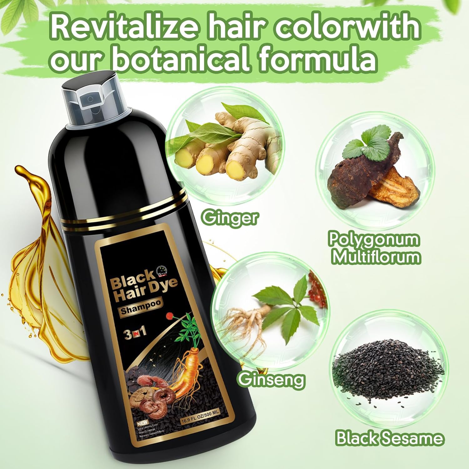 Honeydew GDRFNP Black Hair Dye Shampoo 3 in 1, Herbal Shampoo Hair Dye for Women Men, Grey Coverage Shampoo 16.9fl oz