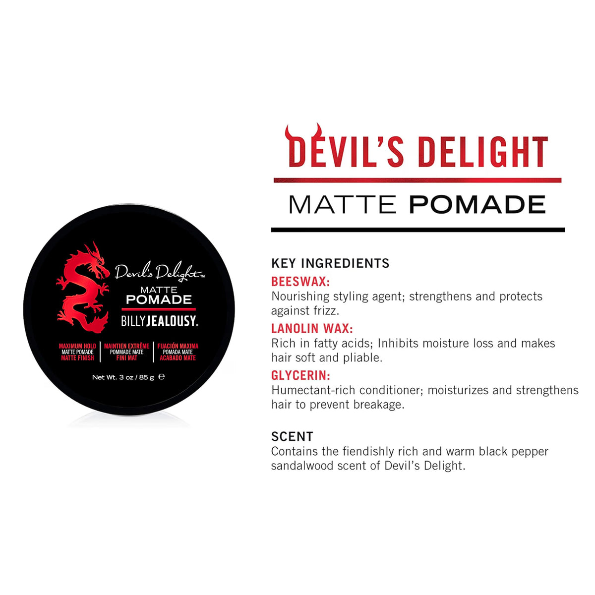 White Smoke Billy Jealousy Devil's Delight Matte Pomade for Men Adds Volume and Definition, Strong Hold Water-Based Formula with Black Pepper Sandalwood Scent, 3 Oz.