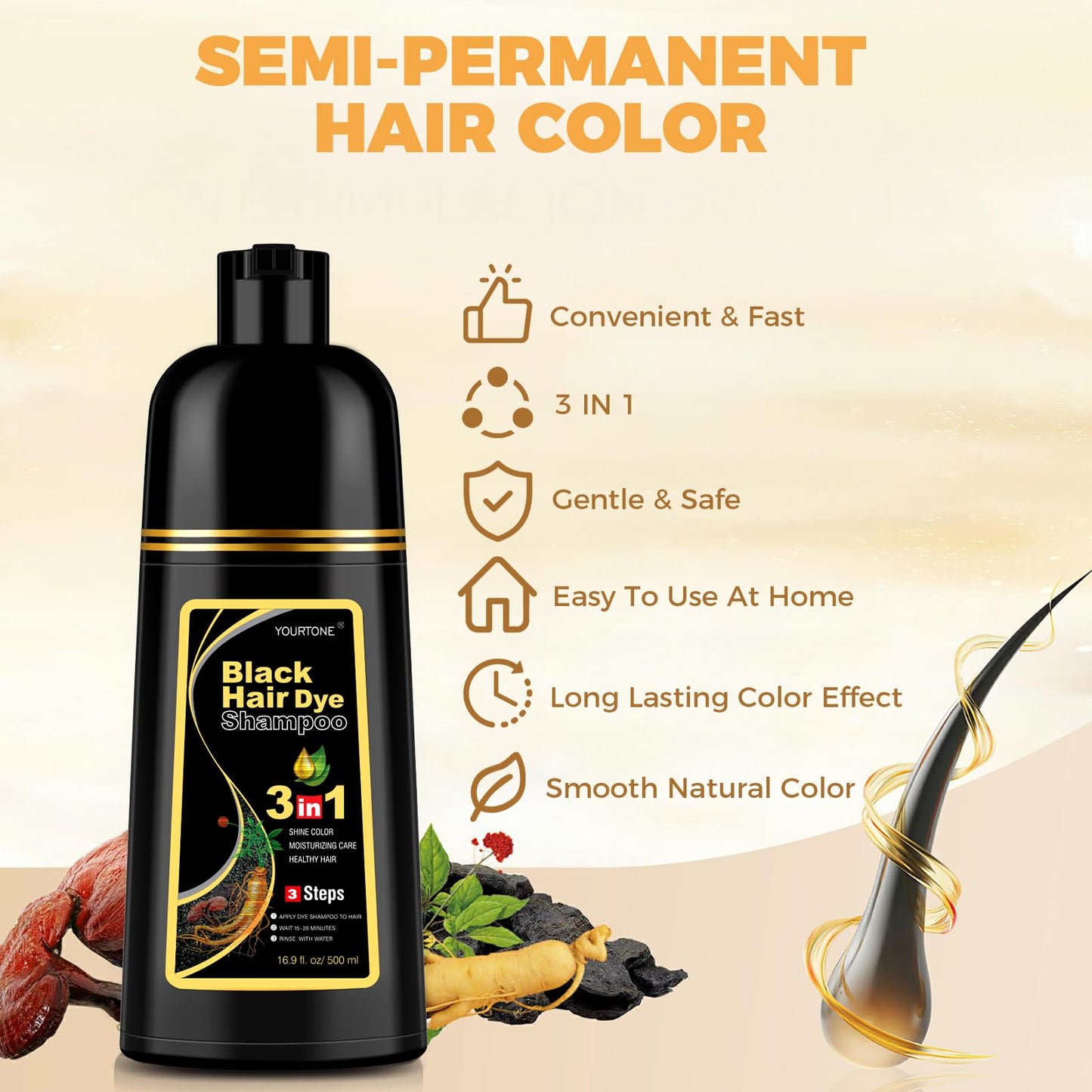 Seashell YOURTONE Black Hair Dye Shampoo 3 in 1 for Gray Hair Coverage, Hair Color Shampoo for Women Men, Herbal Ingredients Champu Para Pintar el Cabello (16.9 Oz)