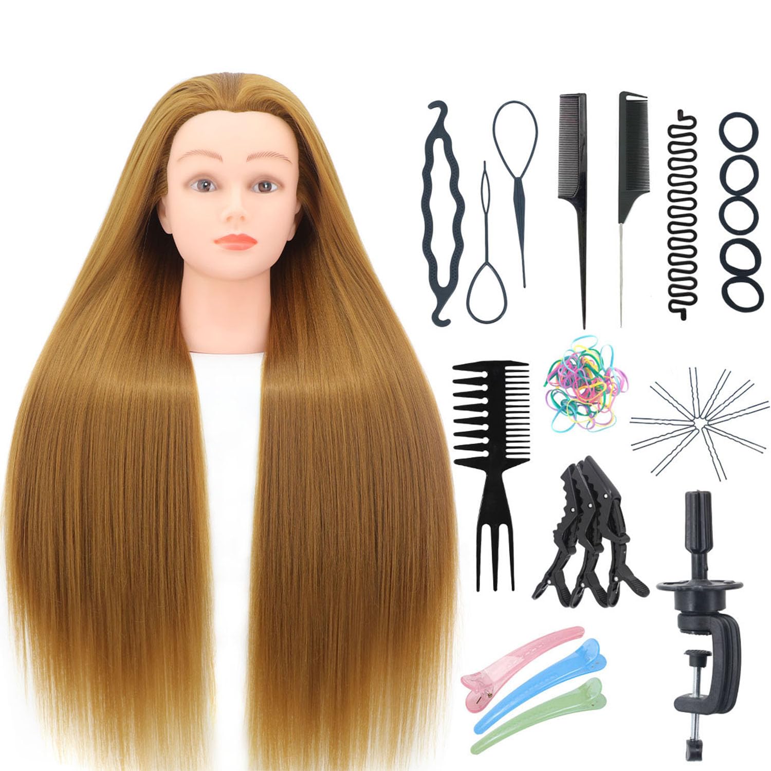 White Smoke MEICARSON 26"-28" Mannequin Head Hair Styling Training Head Manikin Cosmetology Doll Head Synthetic Fiber Hair and Free Clamp Holder Stand Hair Styling Set for Hair Extensions （ golden/yellow）