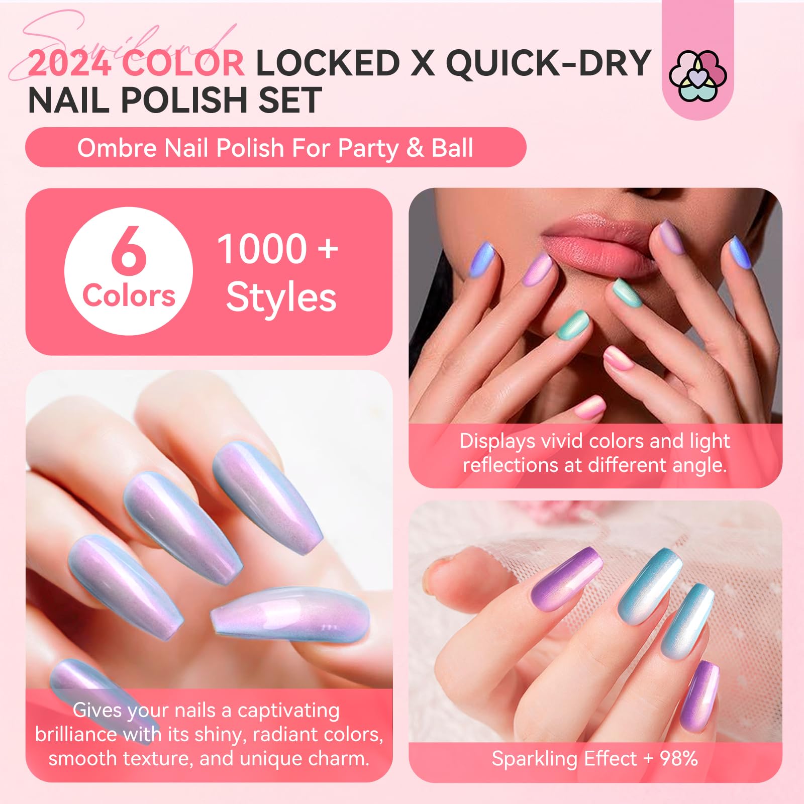 Misty Rose SAVILAND 6pcs Ombre Nail Polish Sets: Charm Pink Blue Gold Purple Pearl Summer Fingernail Polish Colors Air Quick Dry Nail Polish Plant-base Castor Oil Natural Nail Lacquer Women Home Manicure DIY