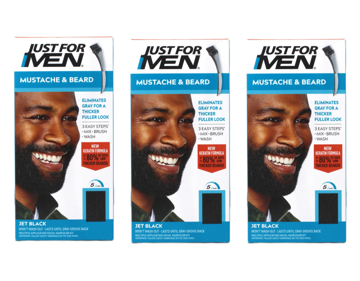 White Smoke Just for Men Brush-In Color Gel for Mustache, Beard & Sideburns, Jet Black, M-60, 1 kit, (Pack of 3)