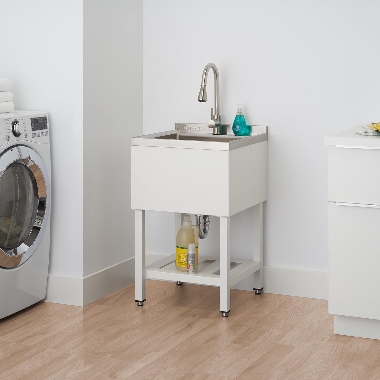 Light Gray TRINITY 21.5-Inch Freestanding Stainless Steel Utility Sink, NSF Commercial Sink for Laundry Room, Restaurant Kitchen Prep, Garage, Shop, Food Truck, Dog Wash, With Hot/Cold Pull-Out Faucet, White