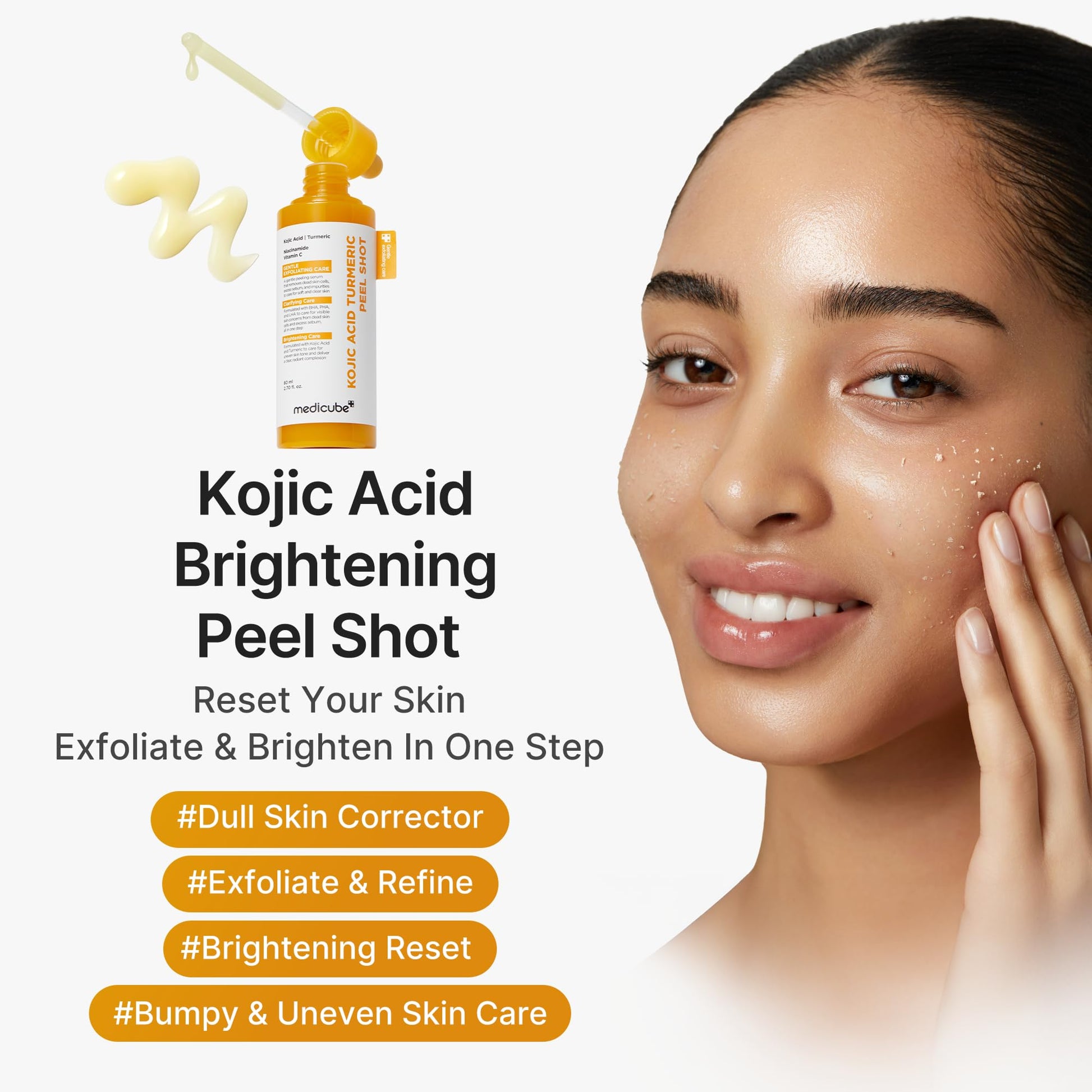 White Smoke medicube Body Peel Shot with Kojic Acid and Turmeric | Gentle Body Brightening & Exfoliating Serum with BHA, LHA & PHA for Dead Skin Cells, Uneven Looking Skin & Excess Sebum | 9.46 fl.oz