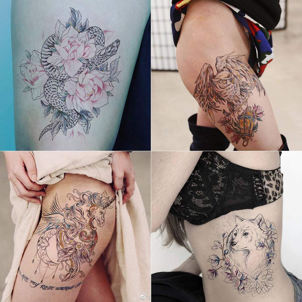 Gray Oottati 12 Sheets Fairy Tales Animal Temporary Tattoo Kit - 21x15cm Pink Unicorn Swan Bird Deer Elf Wolf Owl Eagle Tree Elephant Moon Sun Totem Flower Arm