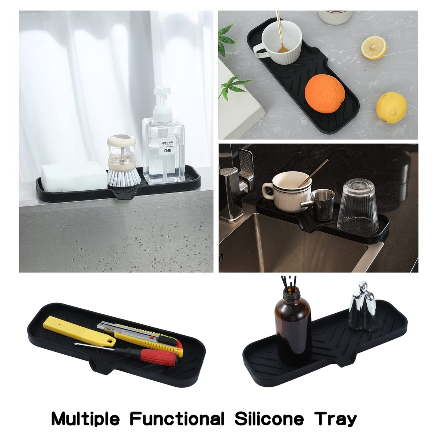 White Smoke MicoYang Silicone Bathroom Soap Dishes with Drain Spout-Bathroom and Kitchen Sink Organizer,Sponge Holder,Dish Soap Tray,Perfect for Dispenser,Scrubber,Bottle,Cup on Sink or Counter-Black 12"×4"