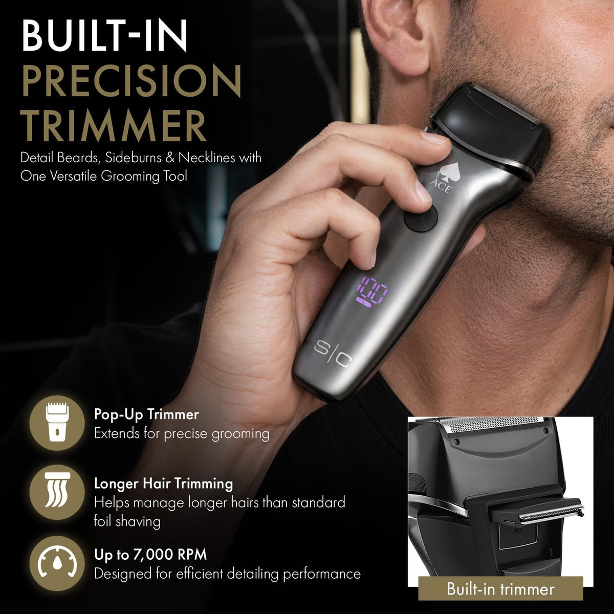 Black StyleCraft Ace Mens Electric Cordless Wet/Dry Shaver with Precision Foil Shaver, Triple Shave System with LCD Display, Smart Contour