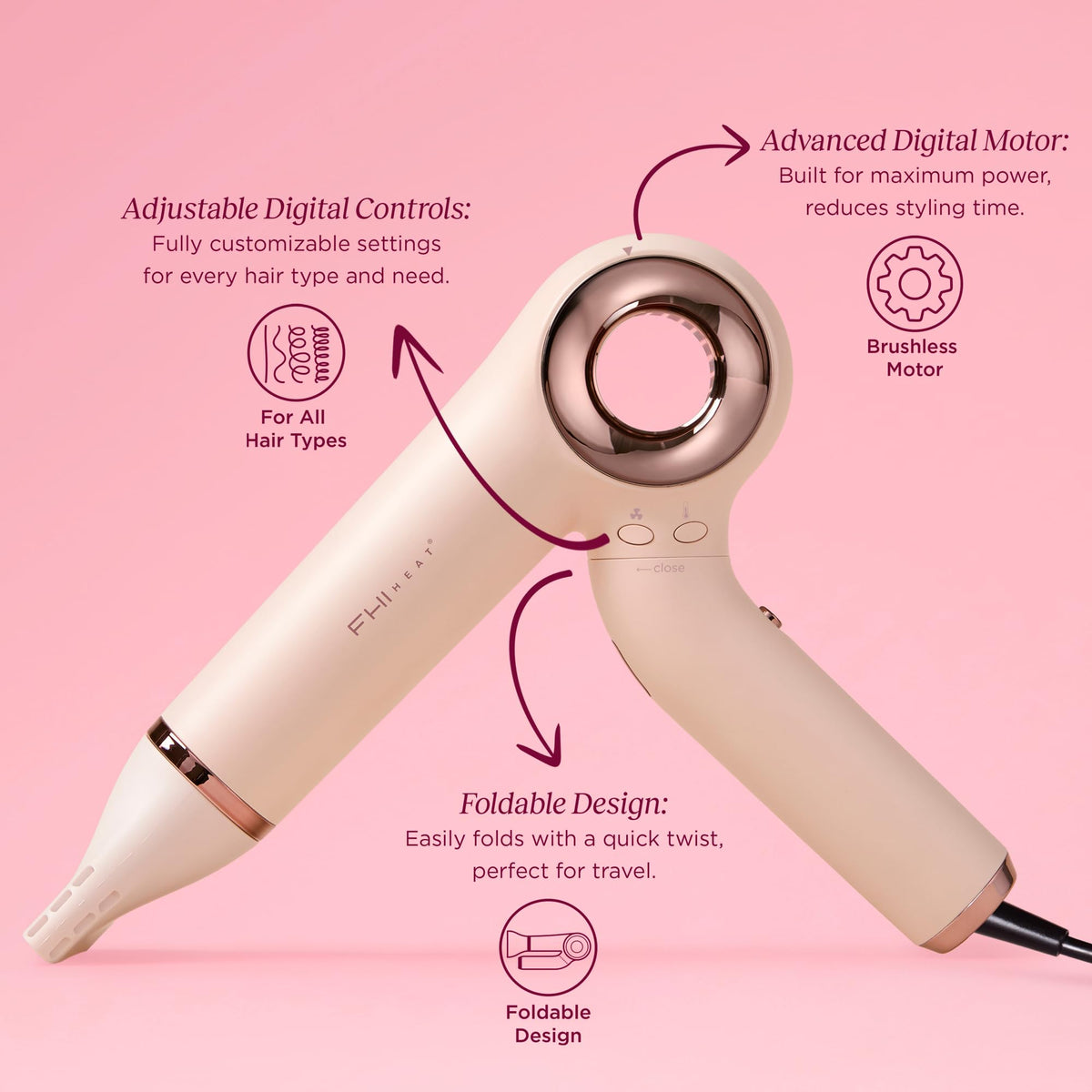 Light Pink FHI Heat AeroMax™ Style Dryer - Compact Foldable BLDC Hair Dryer