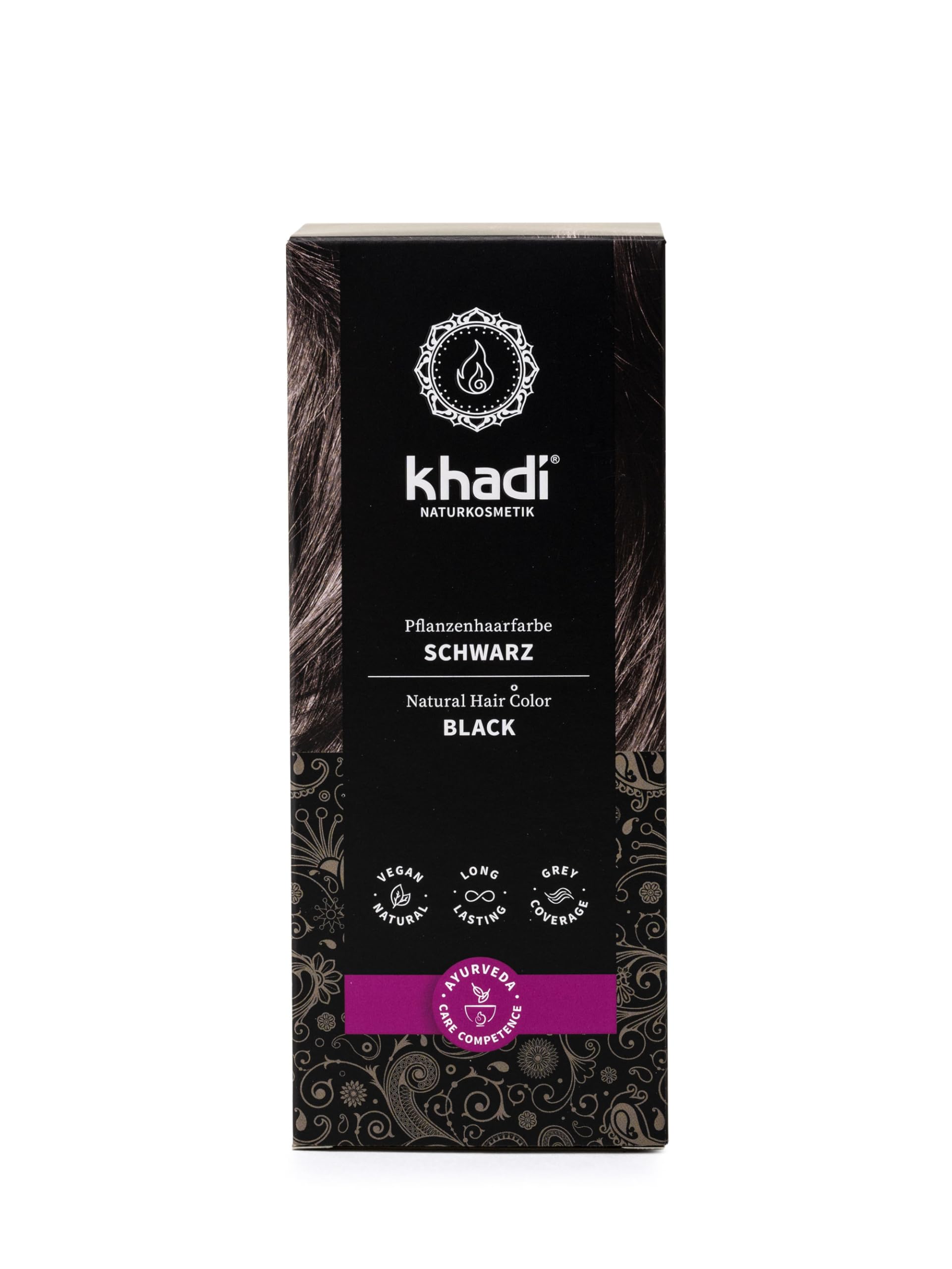 Black khadi BLACK Natural Hair Color - Colors your hair in a mysterious deep black, without a blue tint - 100% plant-based, natural & vegan - 3.5 oz
