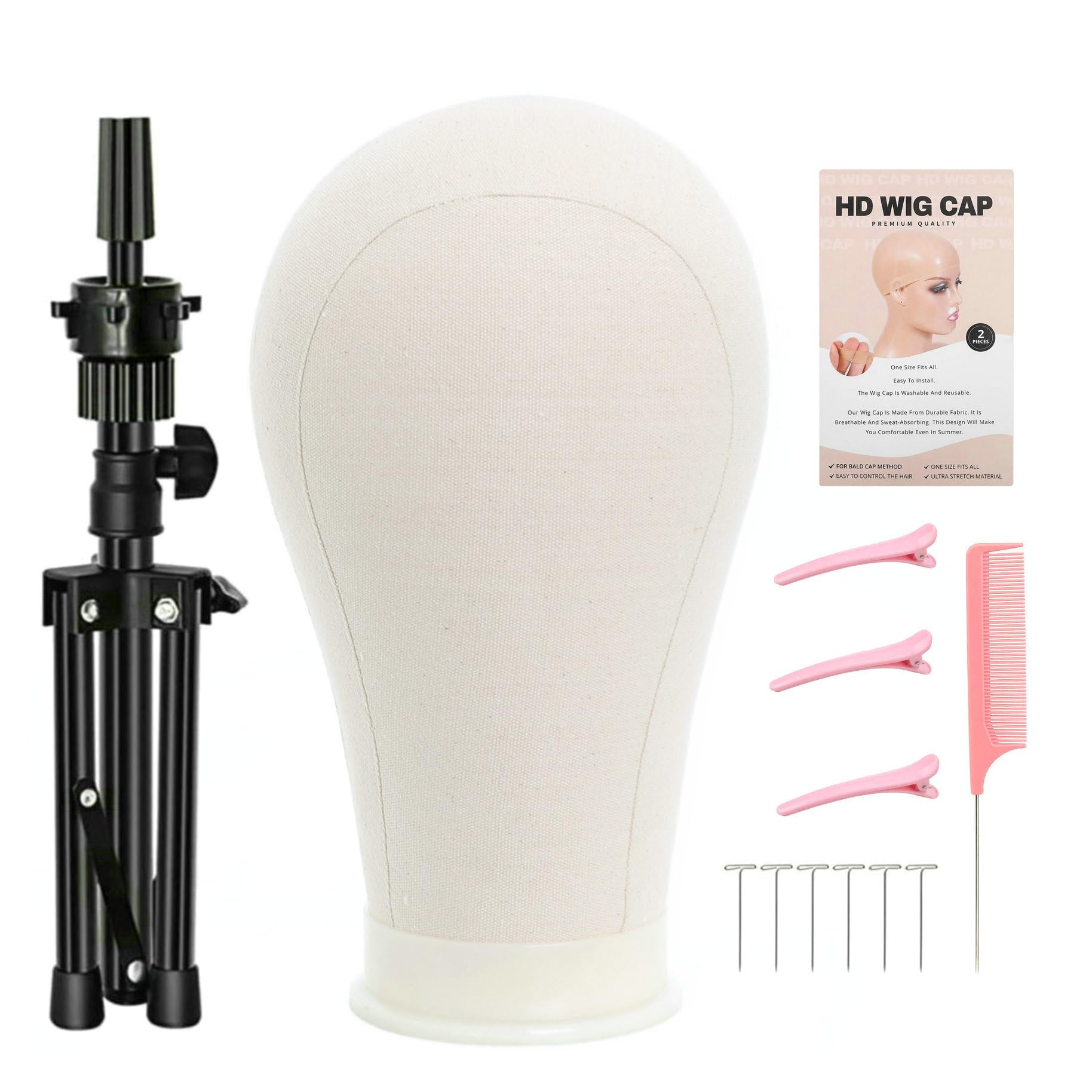 White Smoke FUTAI 22 inches Canvas Mannequin Head with Tripod Stand Wig Cap T Pins Rat Tail Comb and Hairpins for Wig Making Practice Styling Training Display