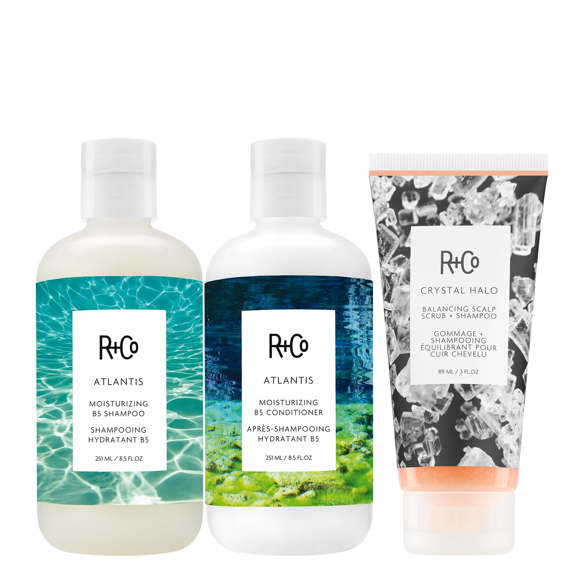 White Smoke R+Co ATLANTIS Shampoo, Conditioner + CRYSTAL HALO Balancing Scrub, Shampoo