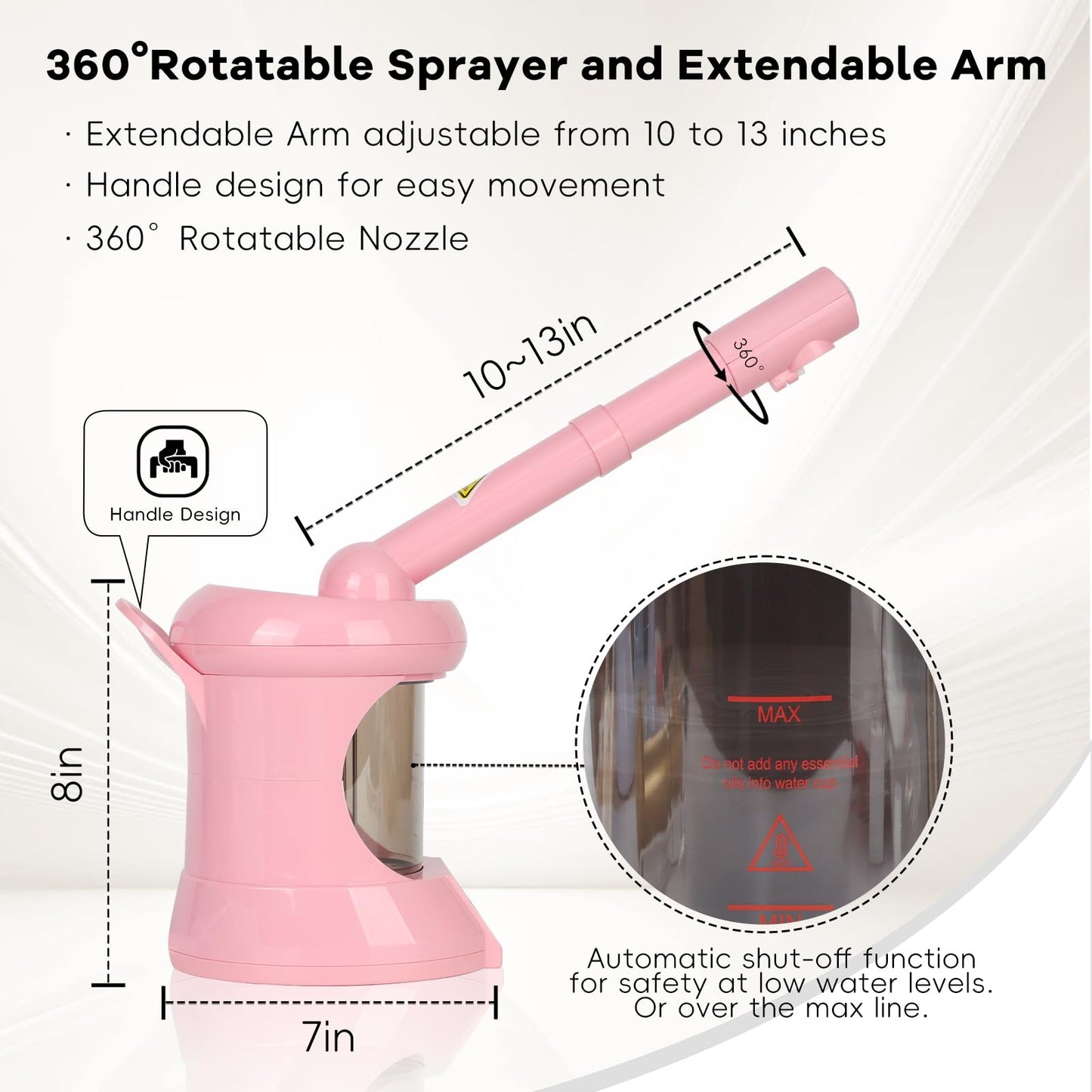 White Smoke Facial Steamer Nano Ionic Face Steamer with Extendable Arm, Portable Face Steamer for Facial Deep Cleaning, Steamer for Facial for Personal Care at Home or Salon（Pink）
