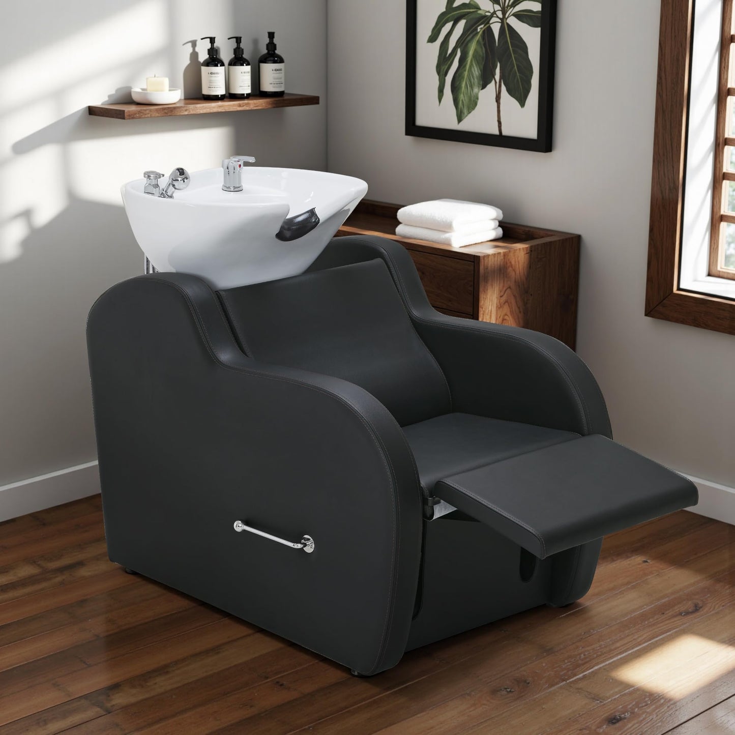 Dark Slate Gray BarberPub Backwash Shampoo Unit with Leg Rest, Adjustable Ceramic Hair Wash Bowl Sink and Chair Set for Salon, Barbershop, Home Salon 9312 (Black)