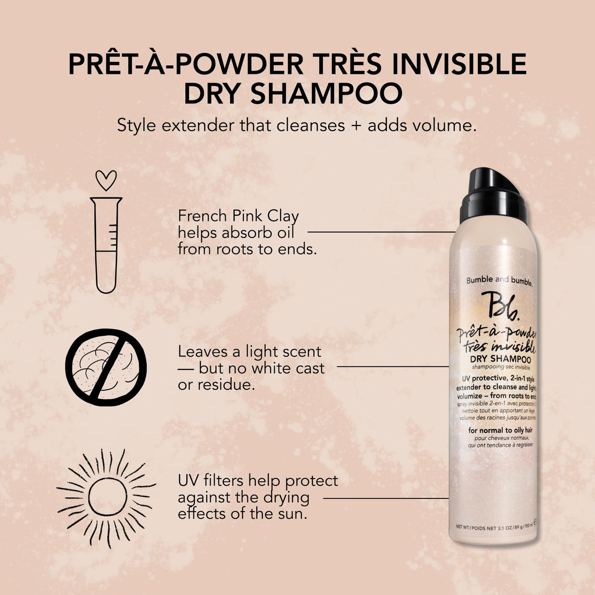 Light Gray Bumble and bumble. Prêt-à-powder Très Invisible Volumizing Dry Shampoo | Lightly Volumizing, UV Protective + Absorbs Oil | Style Extender | For Fine to Medium Wavy, Straight Hair Types, 3.1 Ounce