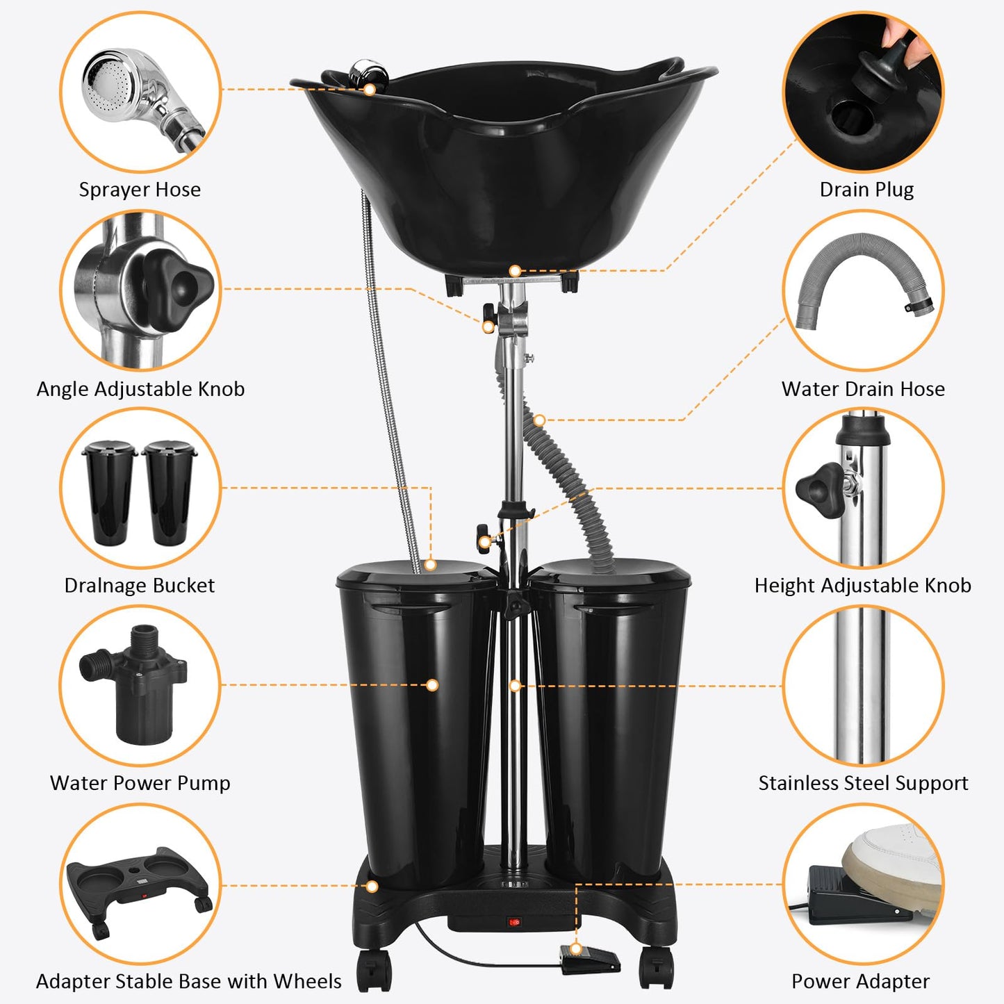 White Smoke Rechargeable Portable Shampoo Bowl with Electric Pump, Adjustable Portable Hair Washing Station with 2 Tanks and Drain Hoses, Basin Height Portable Salon Sink for Home Barber Use
