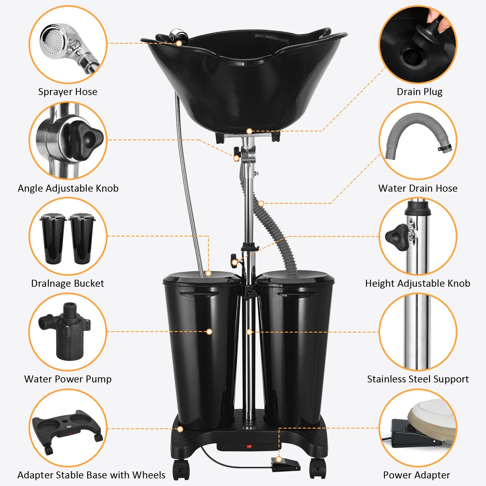 White Smoke Rechargeable Portable Shampoo Bowl with Electric Pump, Adjustable Portable Hair Washing Station with 2 Tanks and Drain Hoses, Basin Height Portable Salon Sink for Home Barber Use