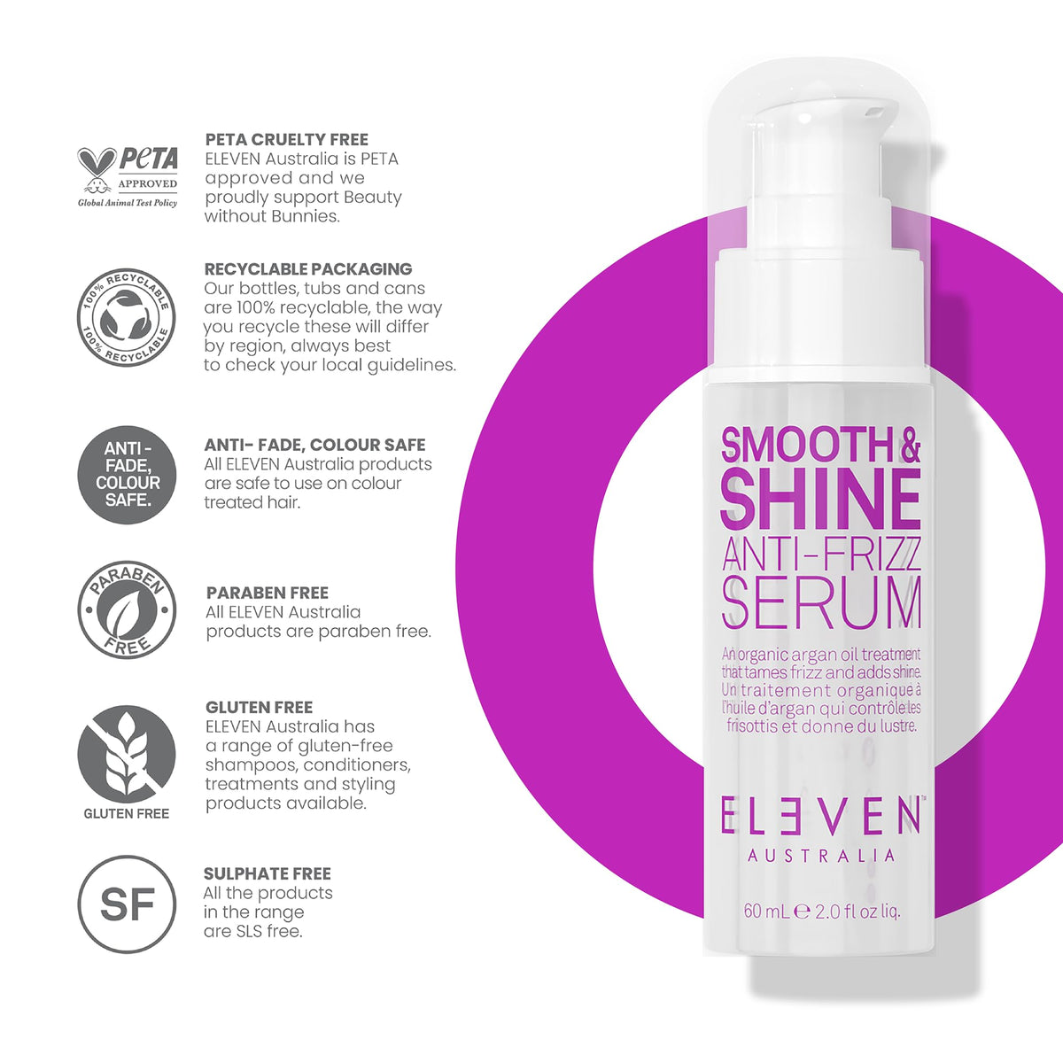 White Smoke ELEVEN AUSTRALIA Smooth & Shine Anti-Frizz Serum, Adds Shine - 2 Fl Oz