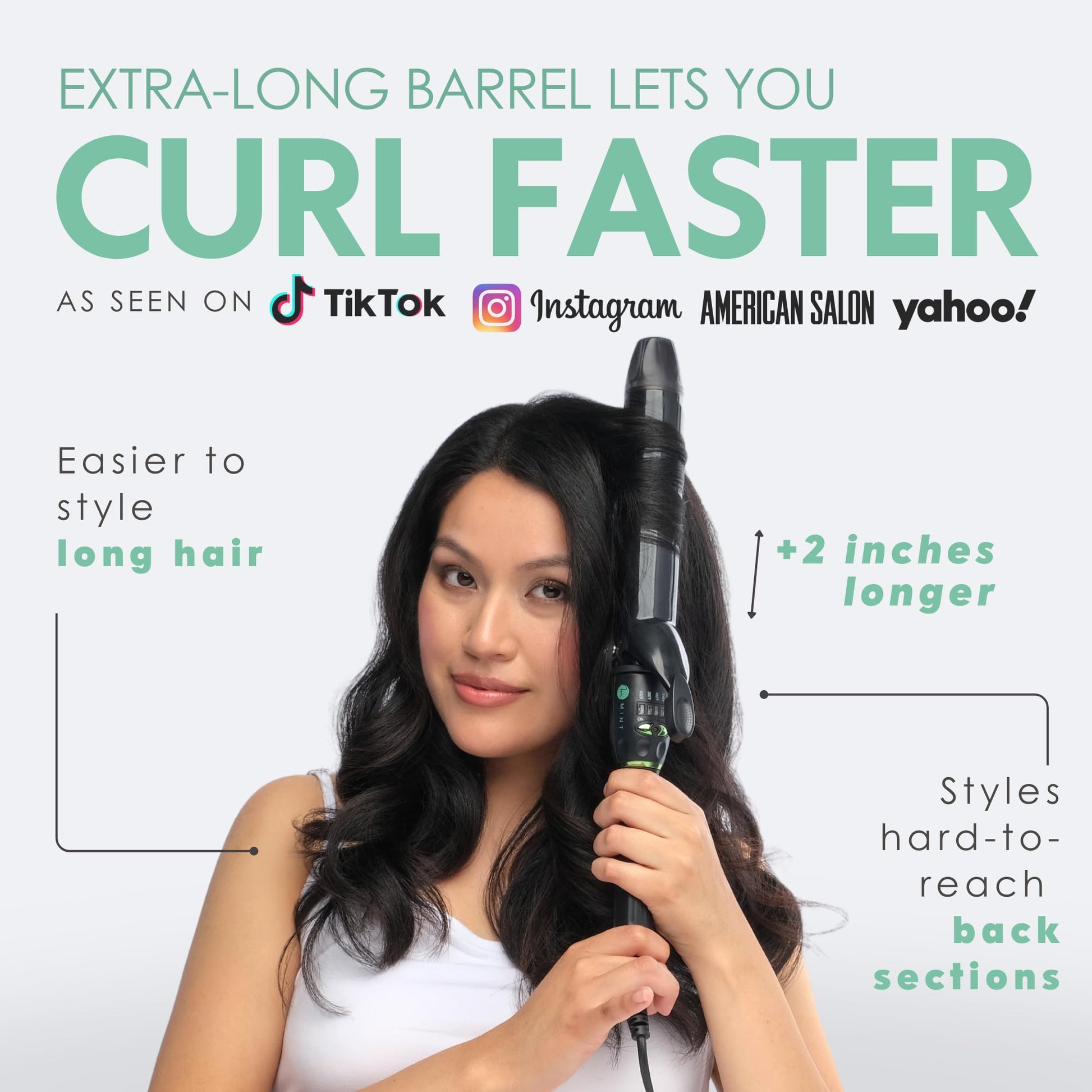 Alice Blue MINT Professional Extra Long Hair Curling Iron 1 1/2 inch | 2-Heater Ceramic Barrel that Stays Hot | 1.5 Inch Hair Iron Curler for Beach Waves | Travel-Ready International Dual Voltage