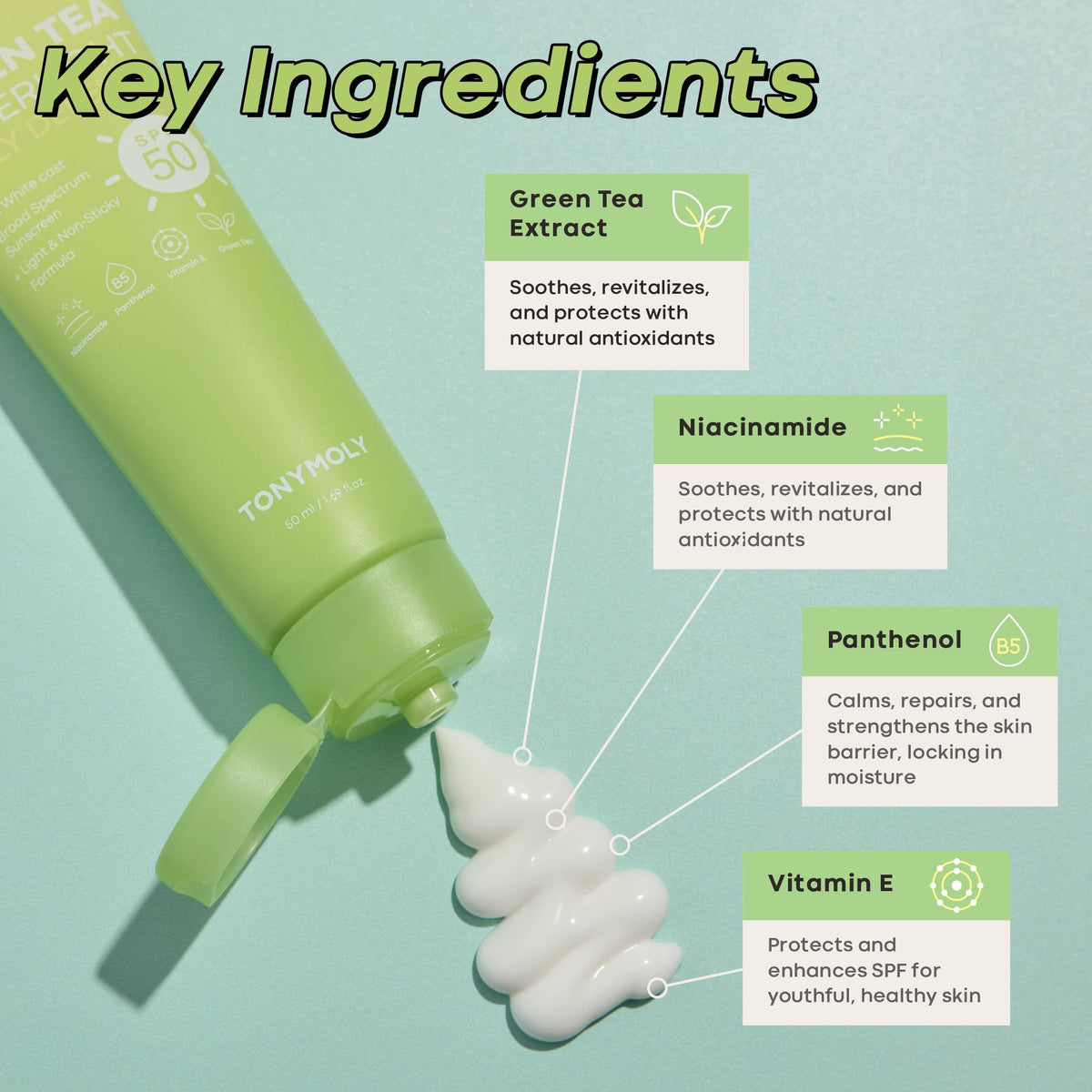 Gray TONYMOLY Green Tea Face Sunscreen SPF 50+ PA++++, No White Cast, 1.69 fl oz