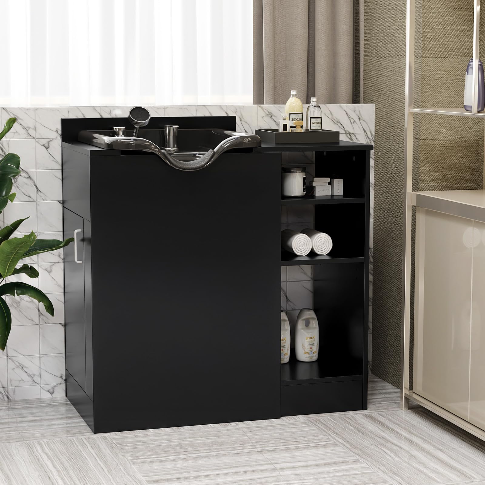 Black OmySalon Salon Station, Shampoo Bowl with Cabinet, Freestanding Backwash Sink with Adjustable Shelf, UPC Certified Faucet, for Spa Beauty, Barber, Home, Black