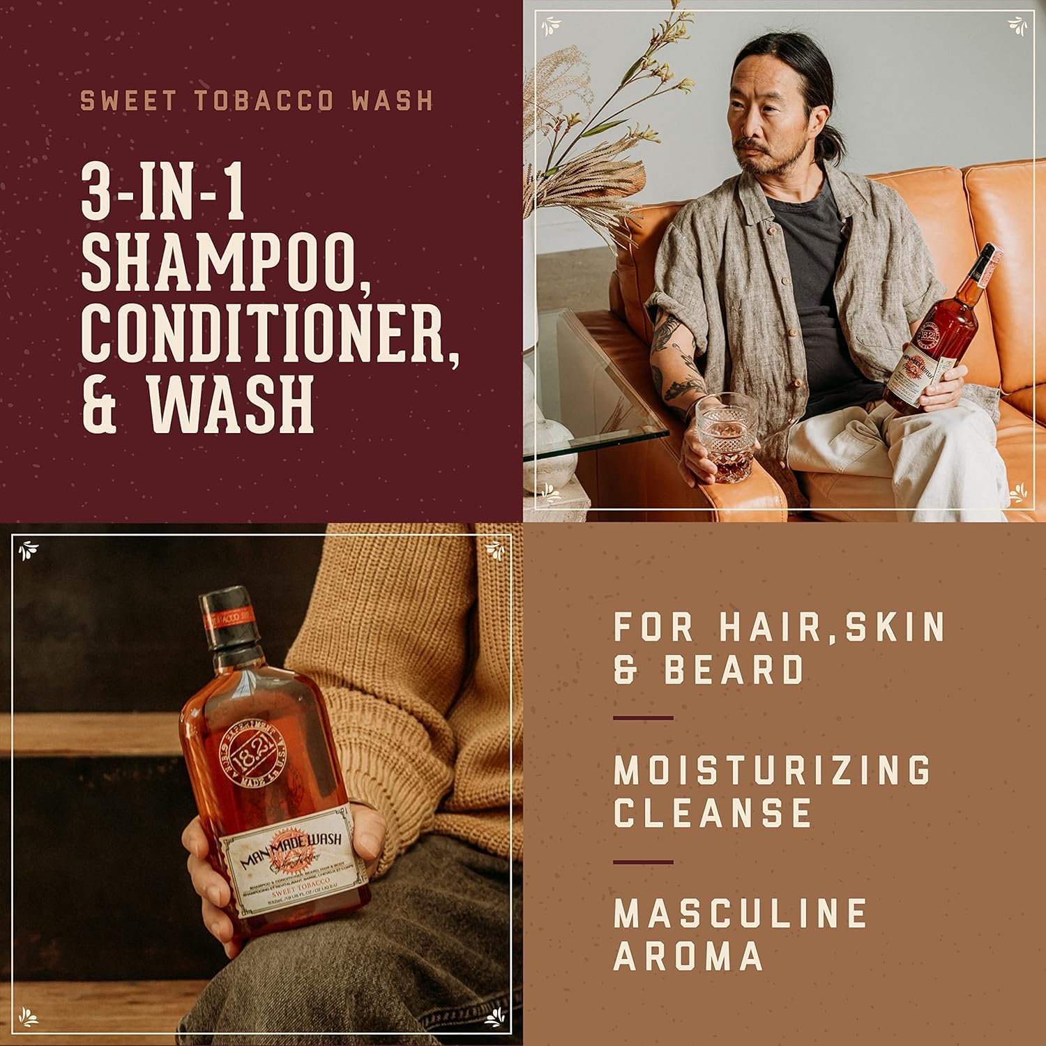 Sienna 18.21 Man Made Sweet Tobacco Wash & Spiced Vanilla 3-in-1, 18 oz Wash 2-Set Bundle, All Hair & Skin Types for Men, Strengthens and Moisturizes in a Manly Aroma