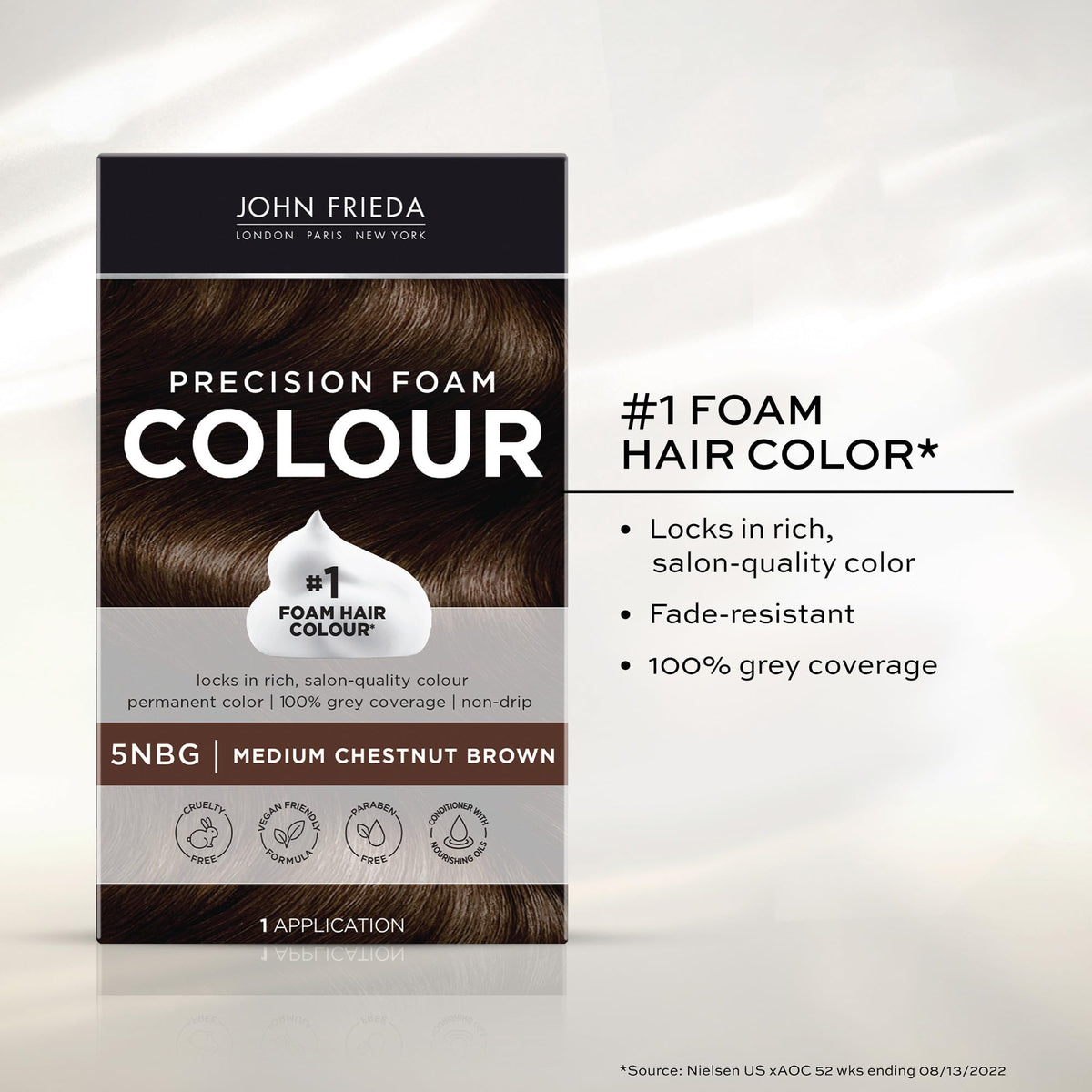 White Smoke John Frieda Precision Foam Colour, Medium Chestnut Brown 5NBG, Full-coverage Hair Color Kit, Anti-Fade Gray Coverage, Deep Color Saturation Hair Dye, 1 Application