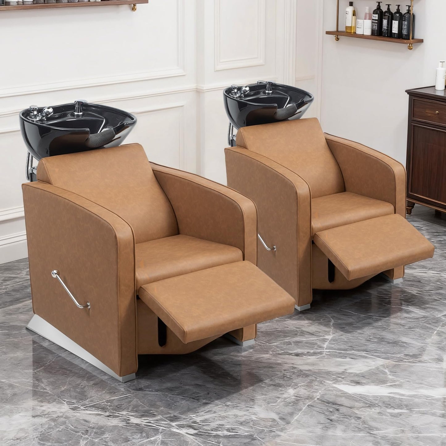 Lavender OmySalon Backwash Shampoo Unit for Salon, Hair Washing Station with Ceramic Bowl Adjustable Footrest, Reclining Shampoo Chair for Beauty Spa Barbershop